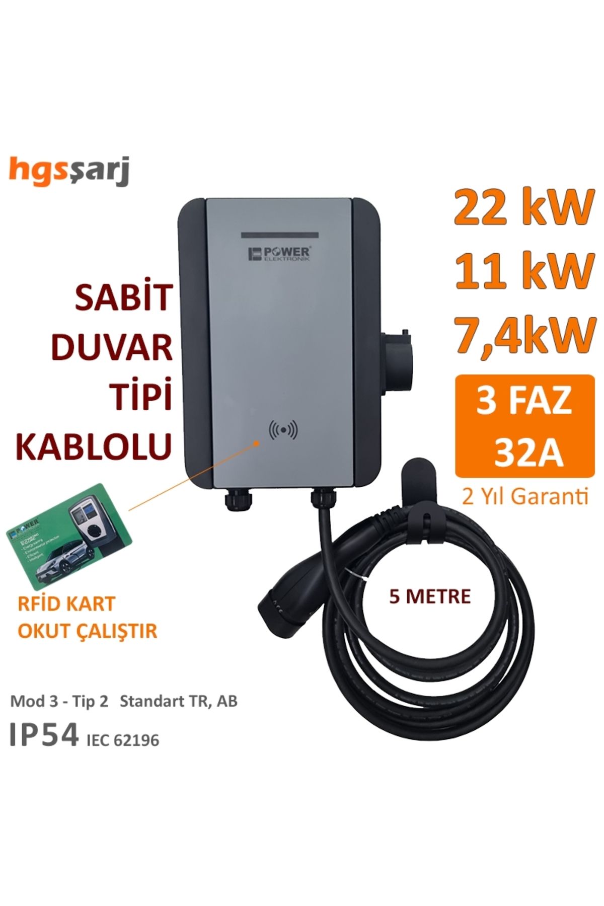 POWER ELEKTRONİK Power Elektronik 22kW-11kW-7,4kW Elektrikli Araç Şarj İstasyonu - 5 Metre Kablo - Duvar Tipi