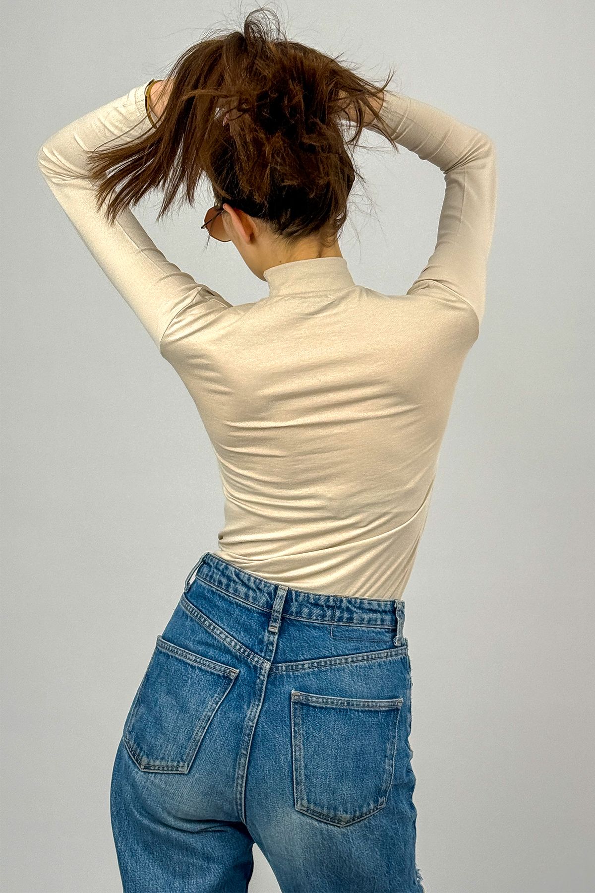 Betimoda-Women's Long Sleeve Half Turtleneck Bodysuit Light Beige 1 Piece 6