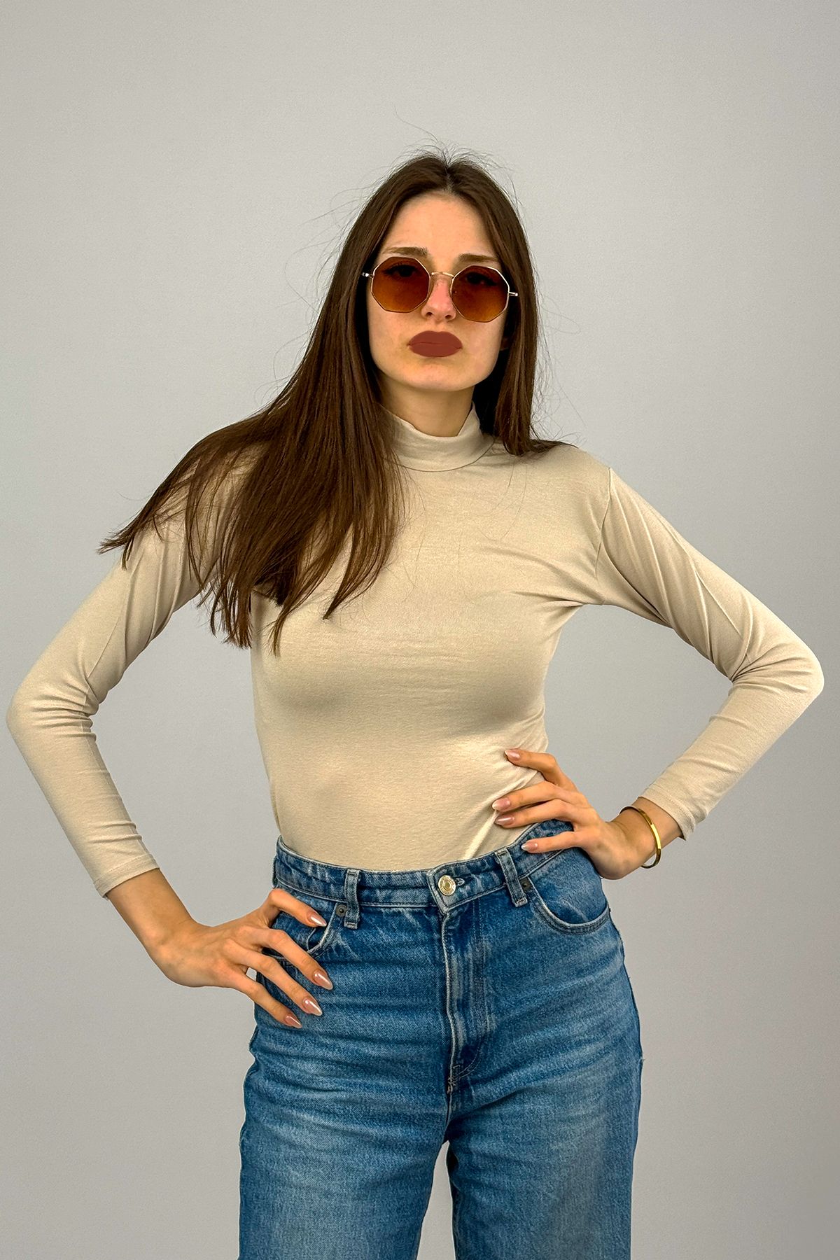 Betimoda-Women's Long Sleeve Half Turtleneck Bodysuit Light Beige 1 Piece 2