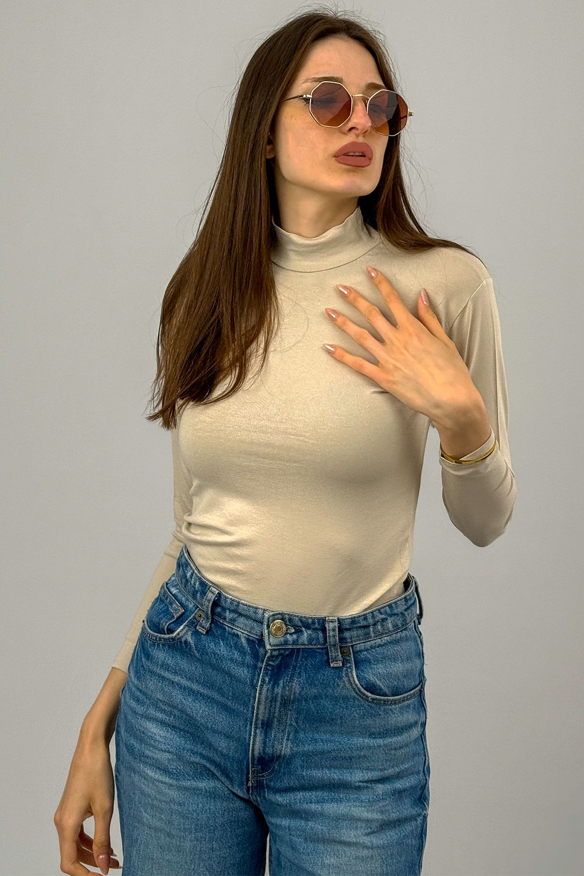 Betimoda-Women's Long Sleeve Half Turtleneck Bodysuit Light Beige 1 Piece 5