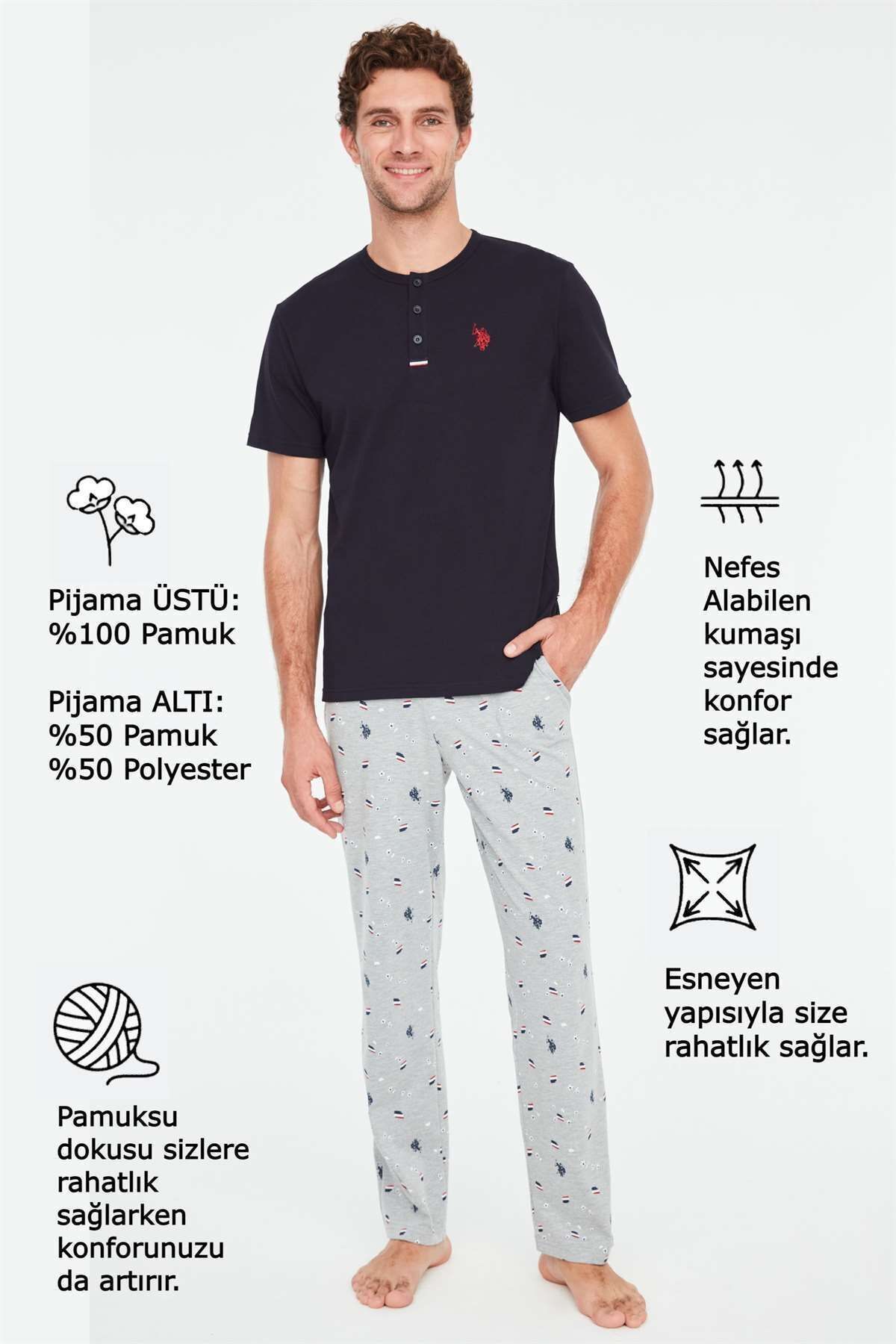 ست پیژامه آبی مردانه لباس خواب سرمه ای U.S. Polo Assn.