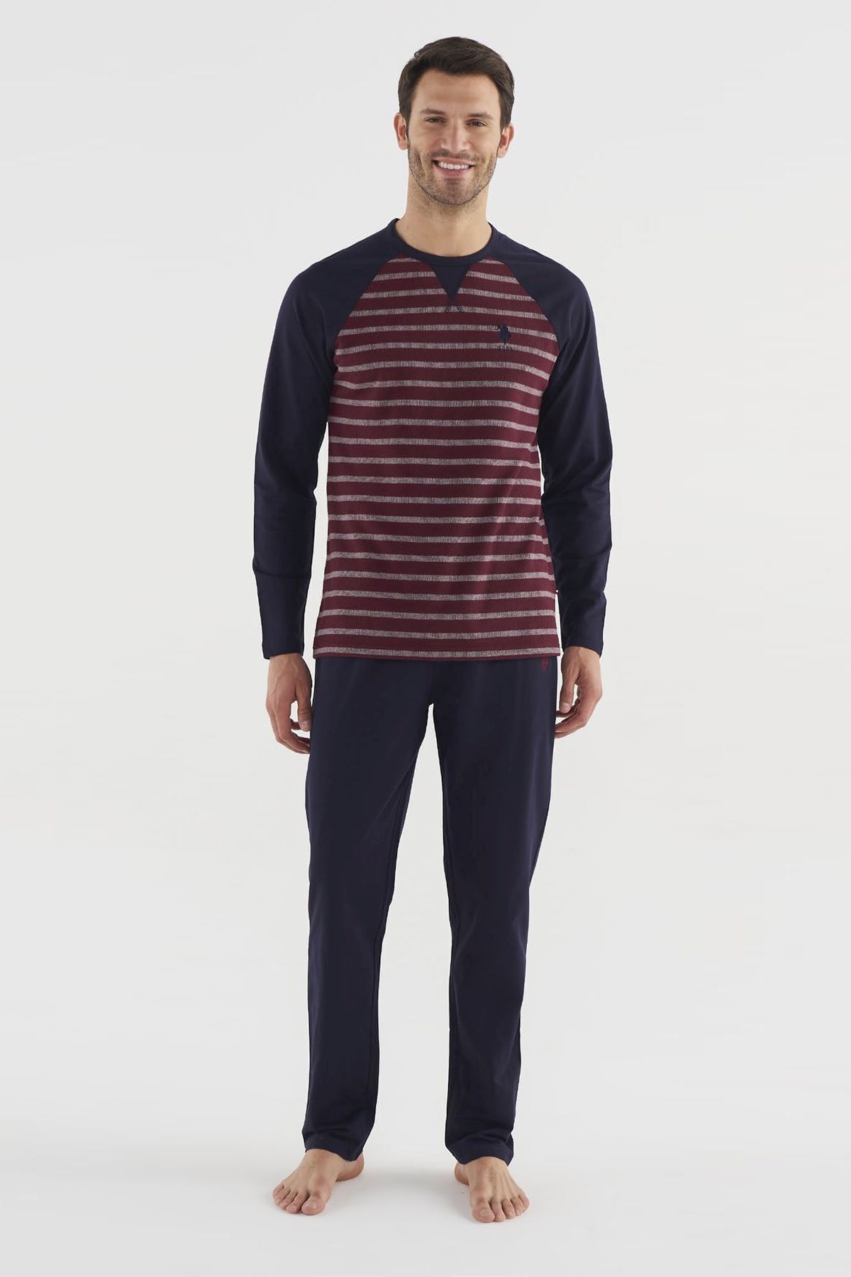 ست پیژامه آبی مردانه لباس خواب یقه گرد سرمه ای مدل 18619 U.S. Polo Assn.