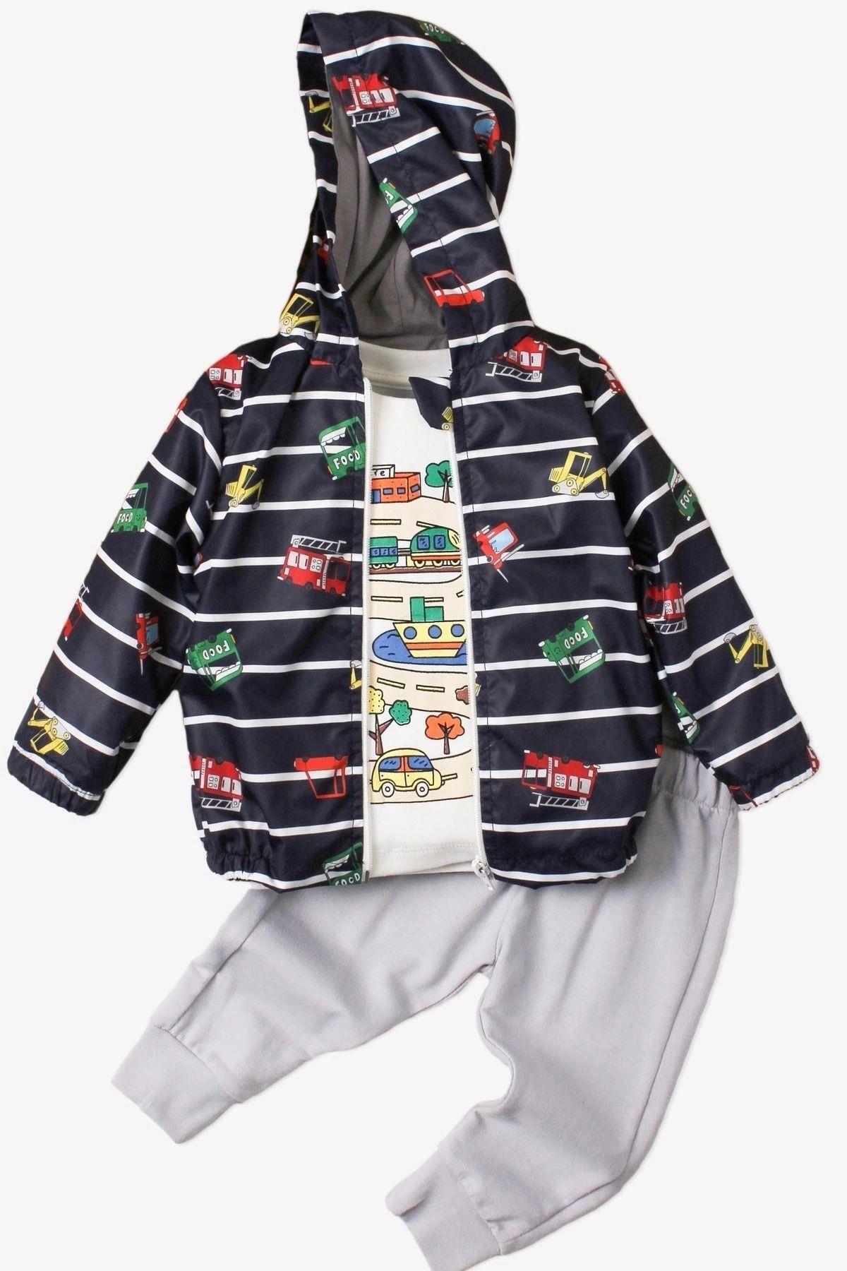 Kidex’s Baby Araba Desenli Kapüşonlu İçi Pamuklu Yağmurluk Bebek Takımı fotoğrafı 2 (önizleme)