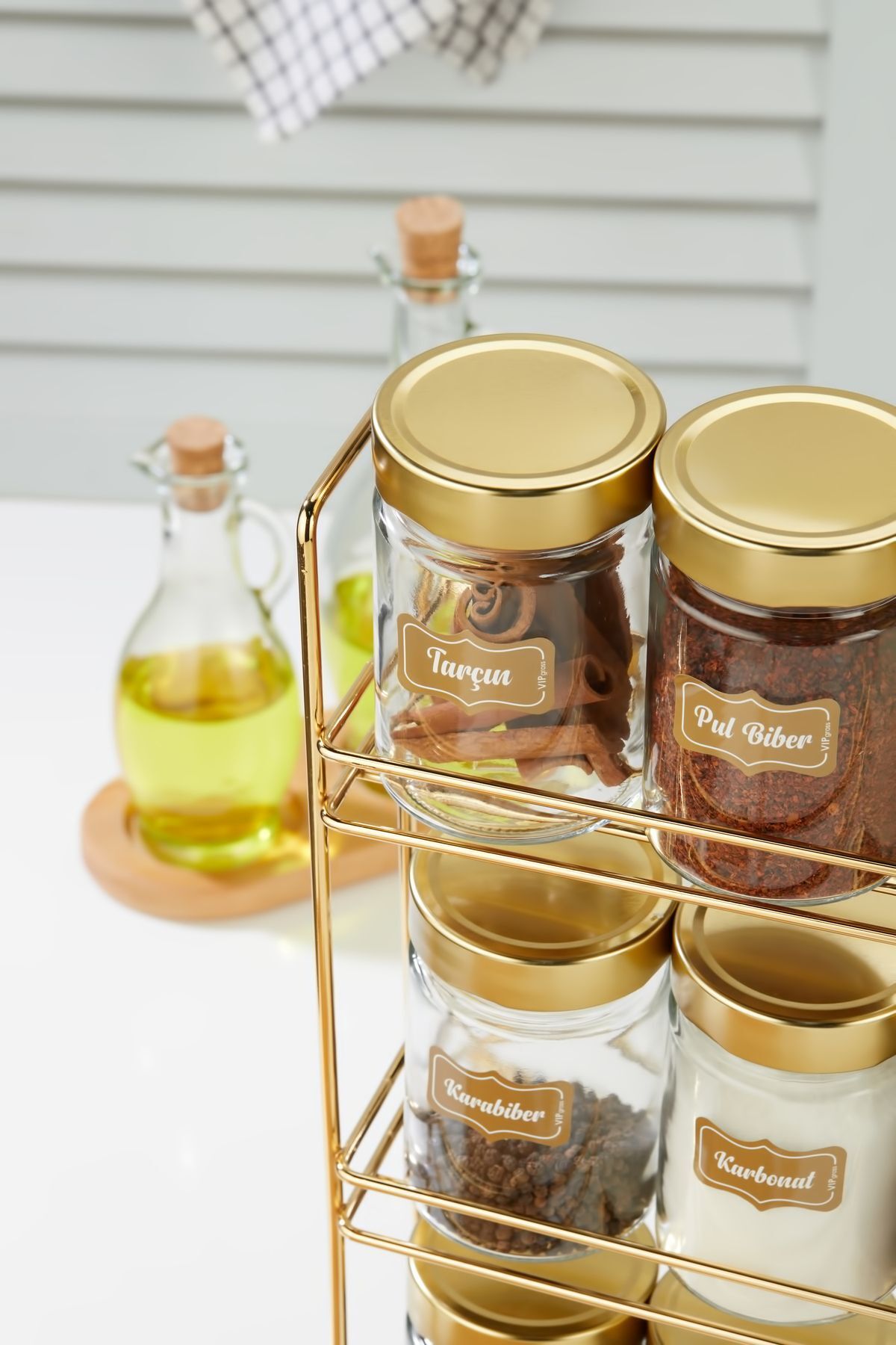 vipgross-15-Piece Round Glass Jar Set with 3-Layer Metal Stand, 3-Layer 15-Piece Spice Jar Set 6