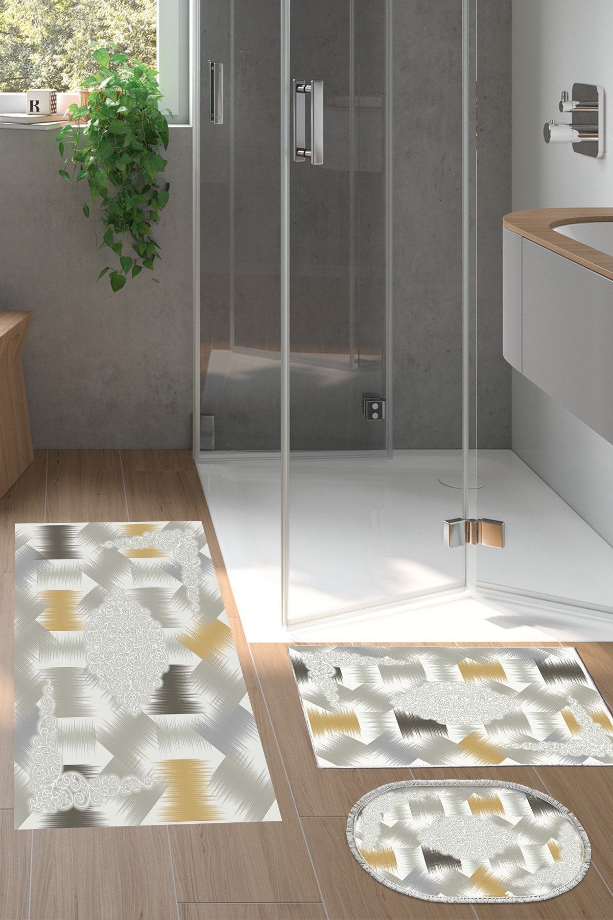 Dekoreko Set Covoraș De Baie Cu Bază Anti-alunecare Djt 3 Piese Bumbac Stea Mixt Oval Modern S1030 Crem - One Size