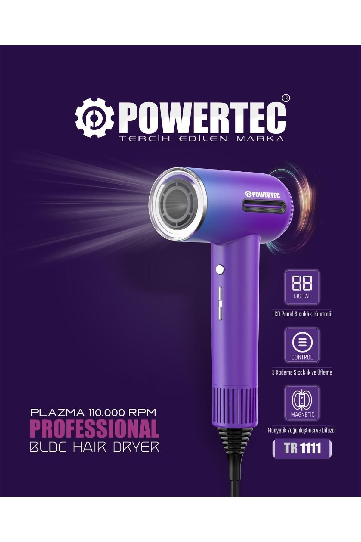 سشوار بنفش برقی دستگاه ضربه دیجیتال پلاسما Delux Tr 1111 پاورتچ  Powertec
