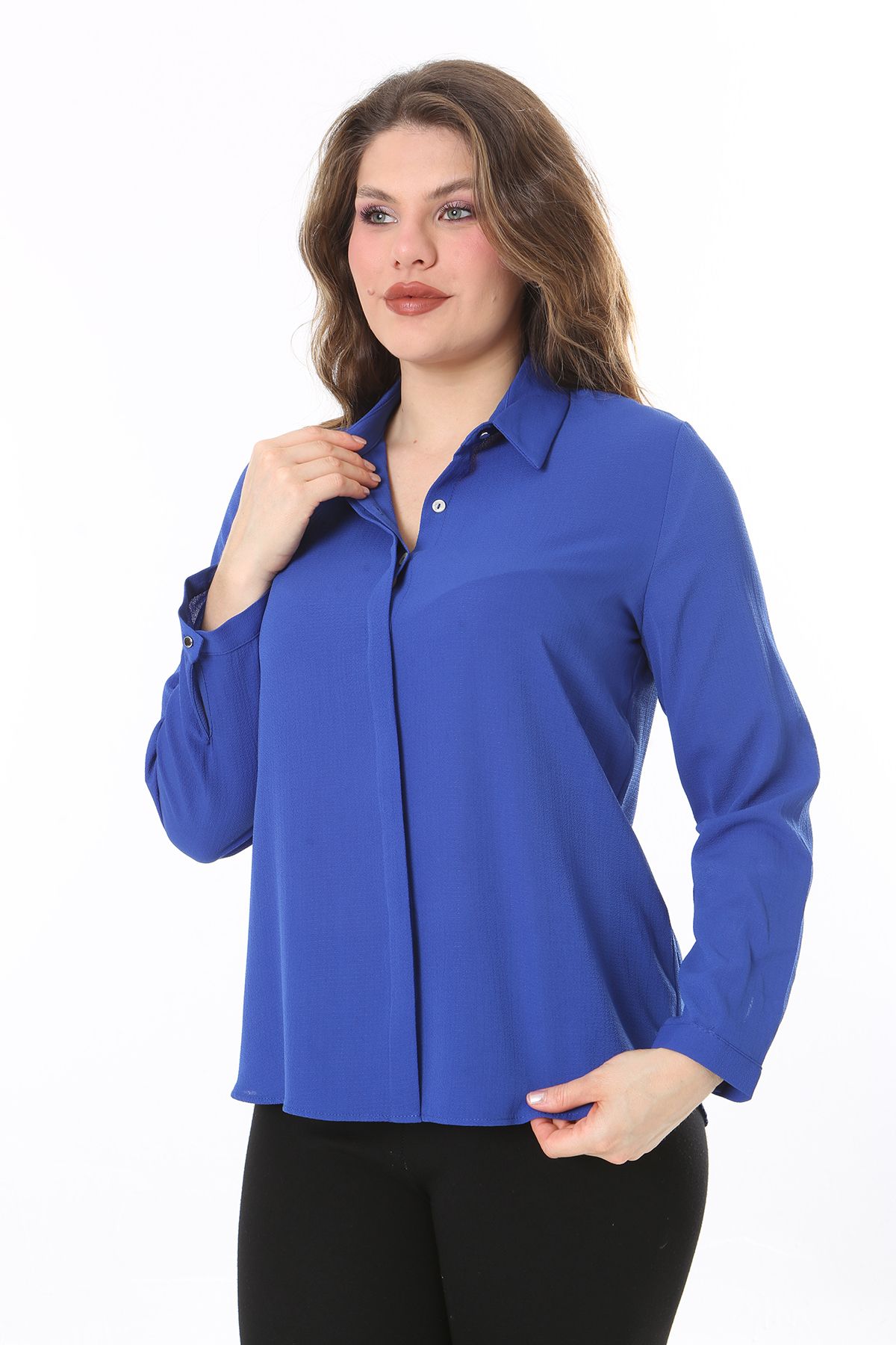 Şans-Plus Size Saks Blouse - Hidden Placket and Front Button Detail 65N38019 6