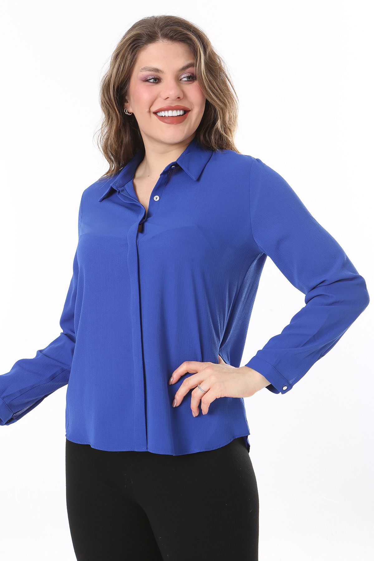 Şans-Plus Size Saks Blouse - Hidden Placket and Front Button Detail 65N38019 7