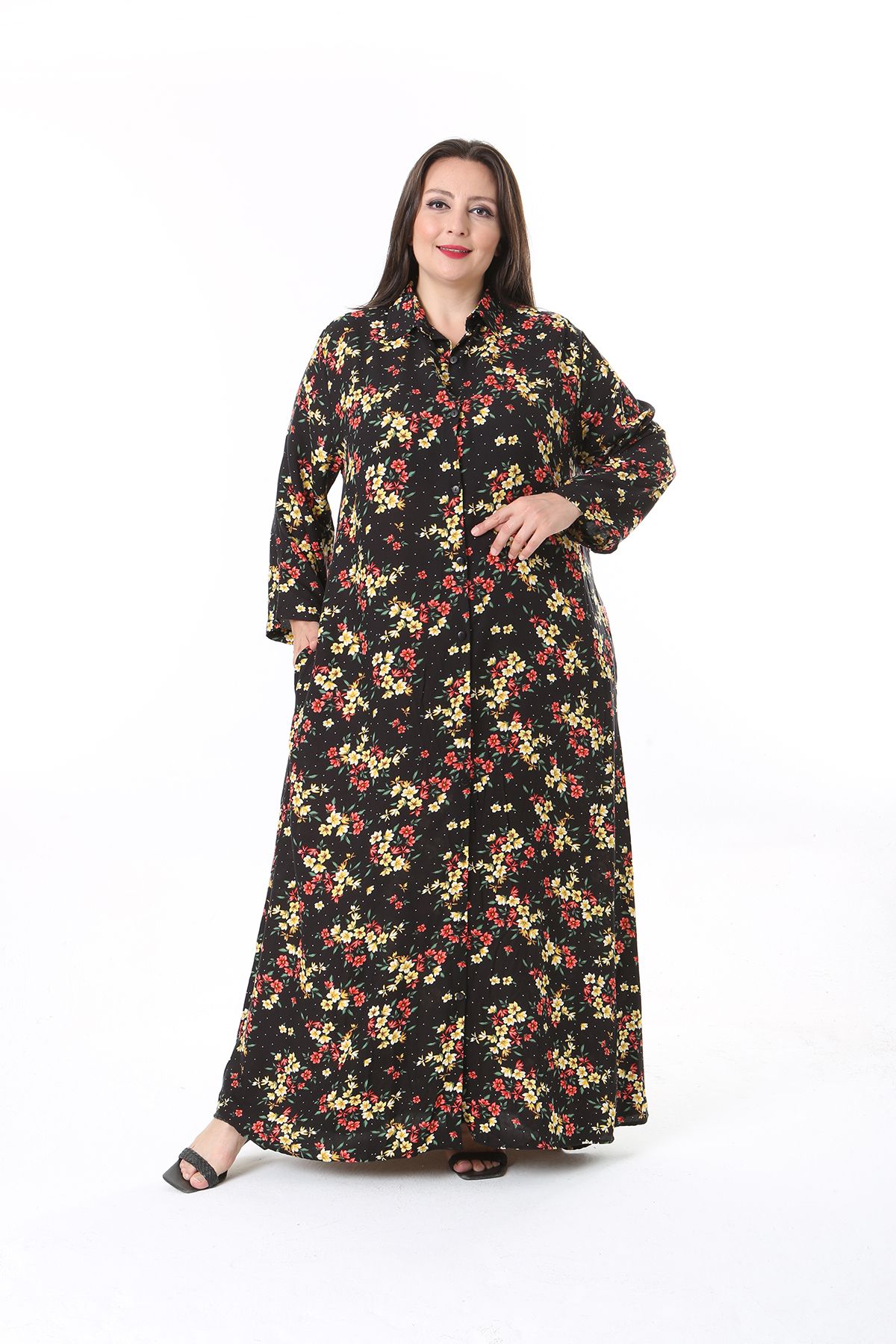 XL Modam Plus Size Viscose Floral Patterned Shirt Dress Trendyol