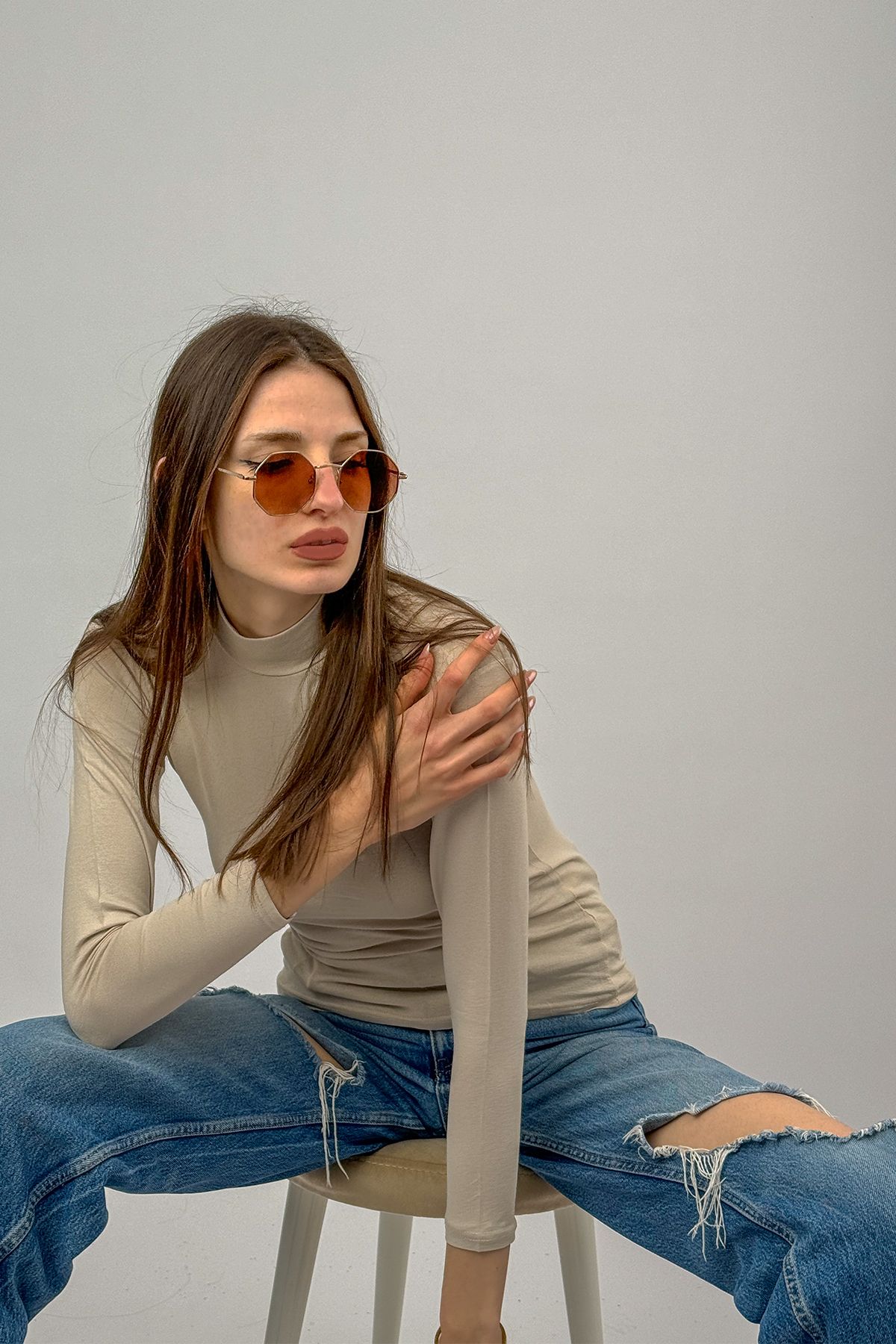 Betimoda-Women's Long Sleeve Half Turtleneck Bodysuit Light Beige 1 Piece 8