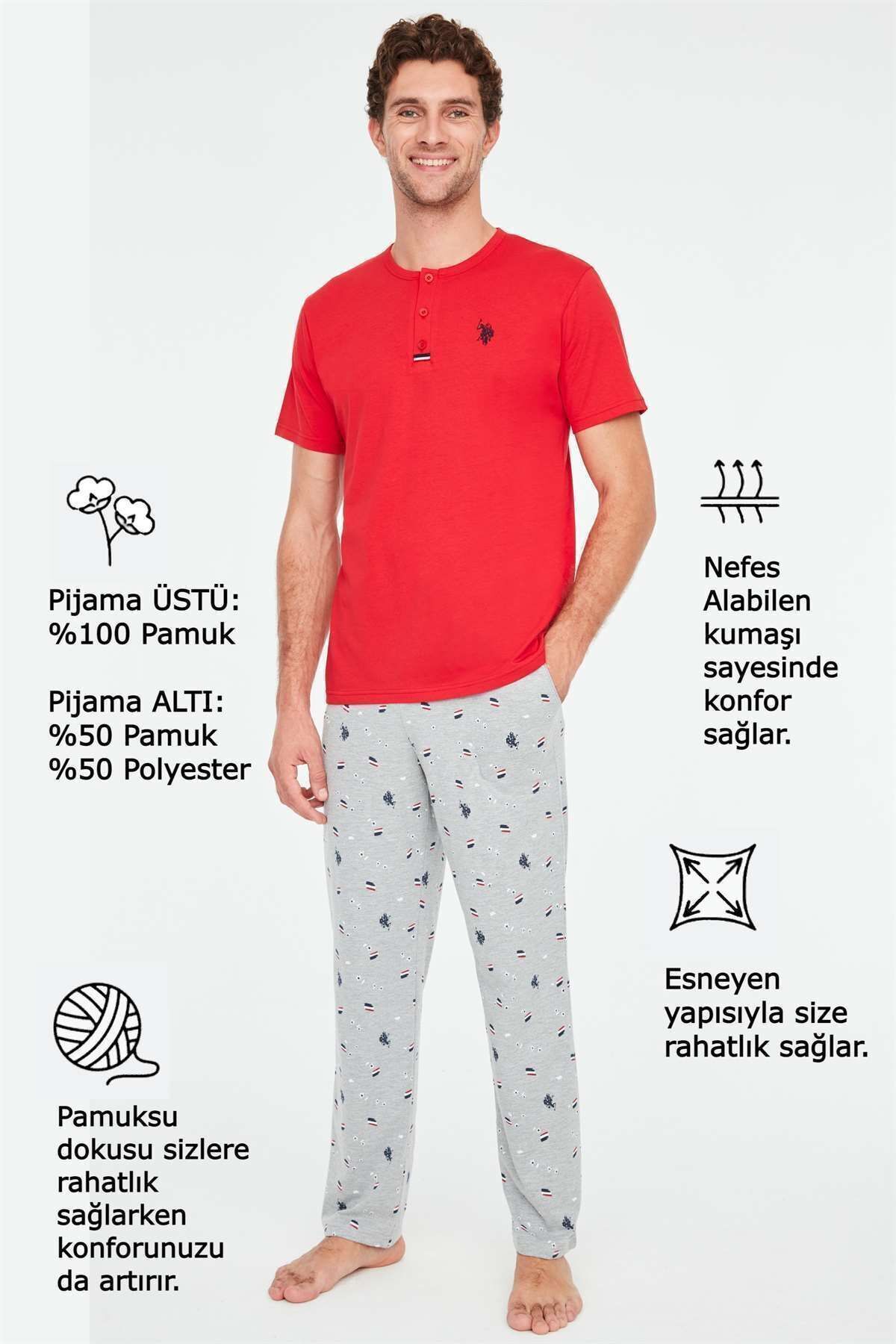 ست پیژامه قرمز مردانه لباس خواب اورجینال U.S. Polo Assn.