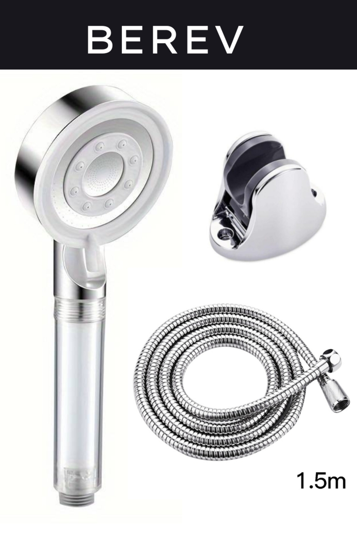 Berev Filtreli 5 Fonksiyonlu Krom Yüksek Basınçlı Ayarlanabilir Duş Başlığı 150 Cm Hortum Mafsallıı Set
