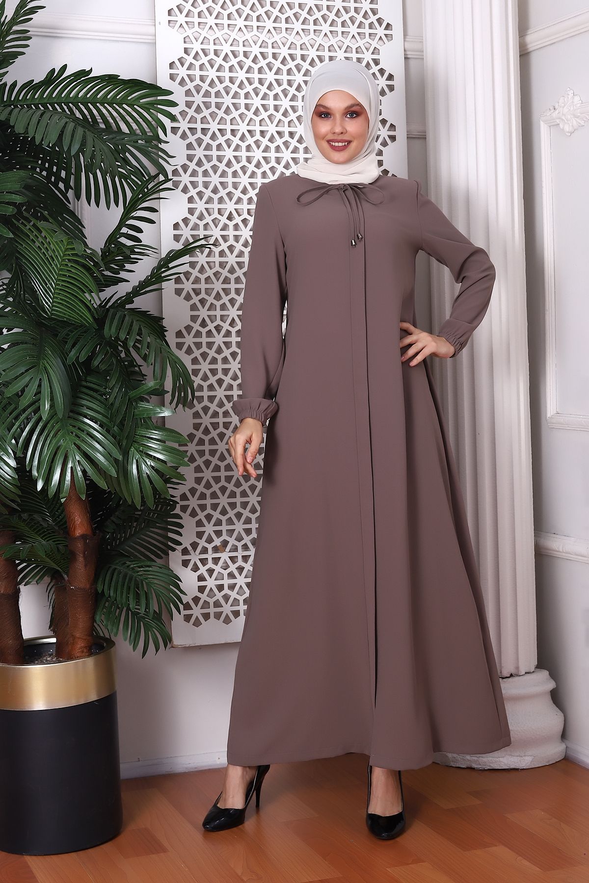 Deep Store Plain Mink Abaya with Neck Tie 9229-22 01.FRC.7058