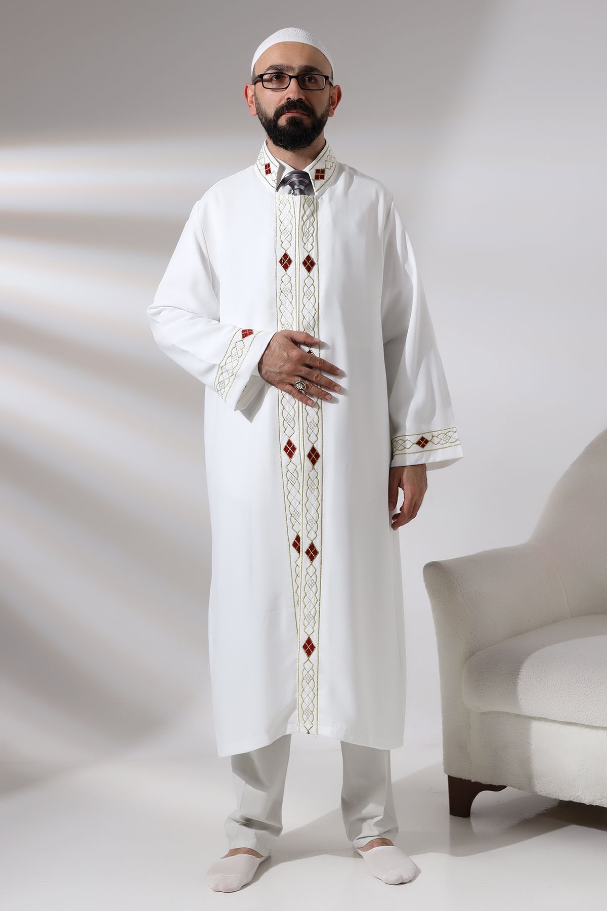 ihvanonline Beyaz Erkek Namaz Elbisesi Desen İşlemeli Hakim Yaka İmam Cübbesi ihvn5624