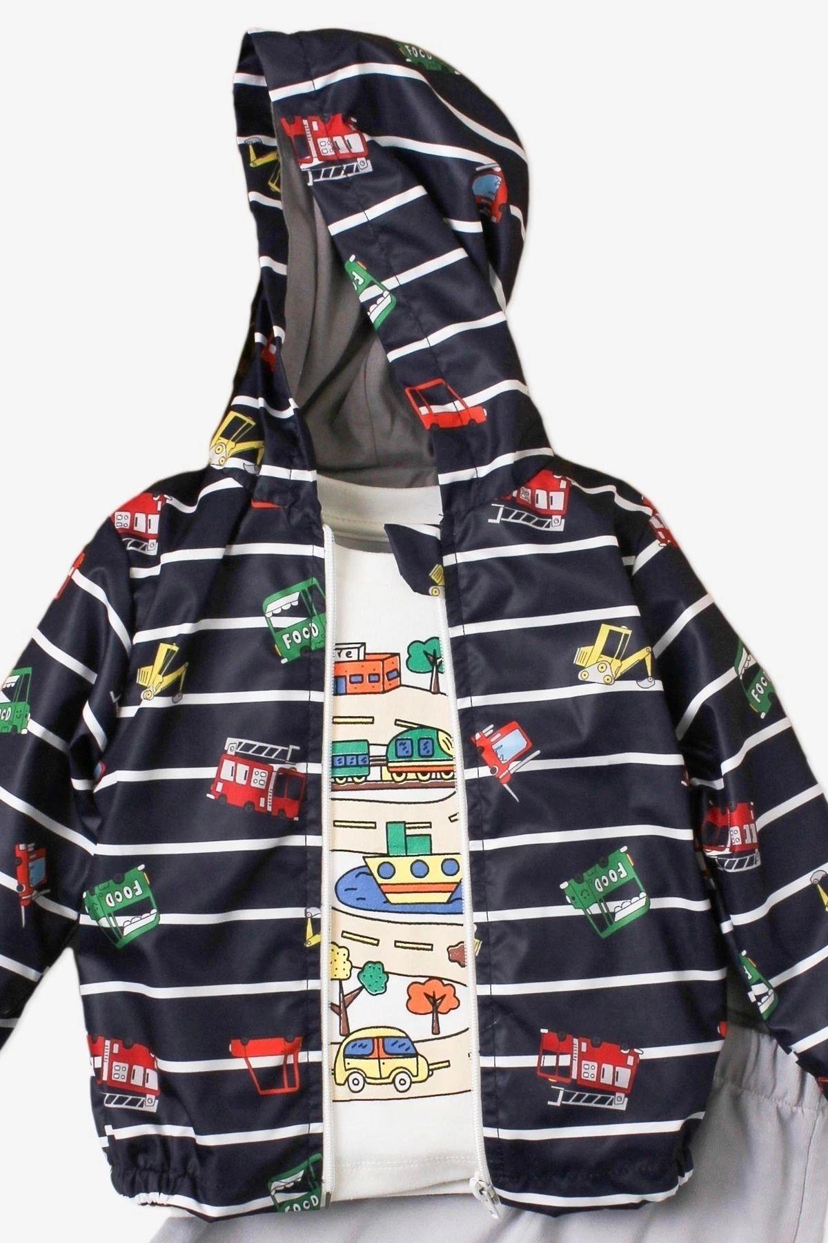 Kidex’s Baby Araba Desenli Kapüşonlu İçi Pamuklu Yağmurluk Bebek Takımı fotoğrafı 4 (önizleme)