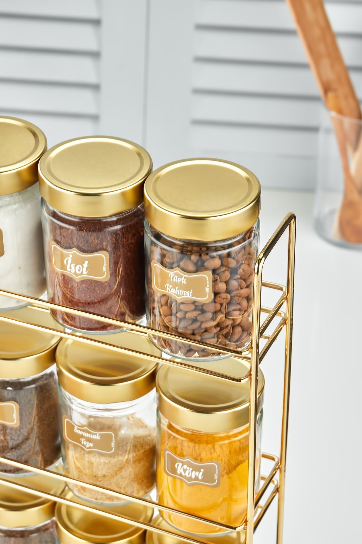 vipgross-15-Piece Round Glass Jar Set with 3-Layer Metal Stand, 3-Layer 15-Piece Spice Jar Set 5