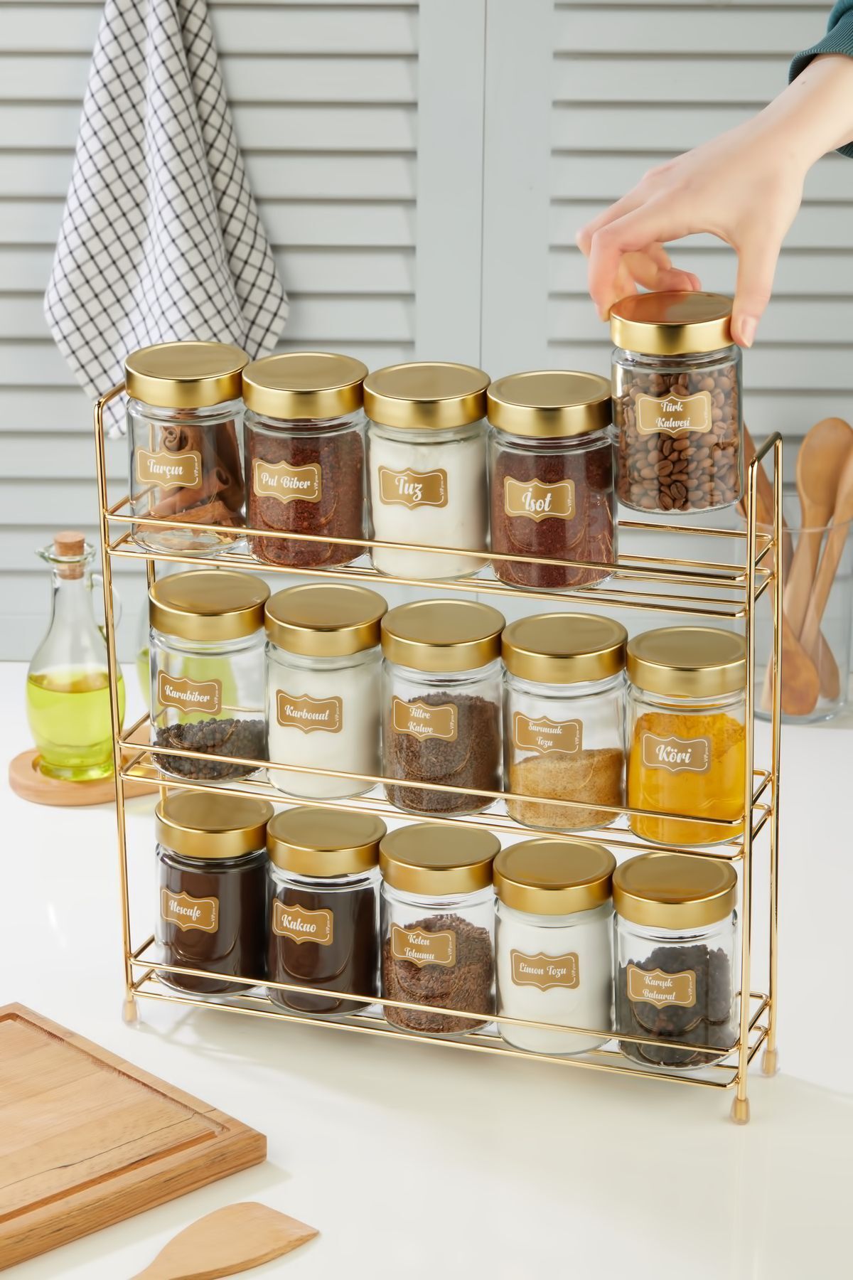 vipgross-15-Piece Round Glass Jar Set with 3-Layer Metal Stand, 3-Layer 15-Piece Spice Jar Set 7