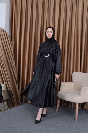 BestShopping Saten Mevlana Tesettür Abiye Elbise Siyah