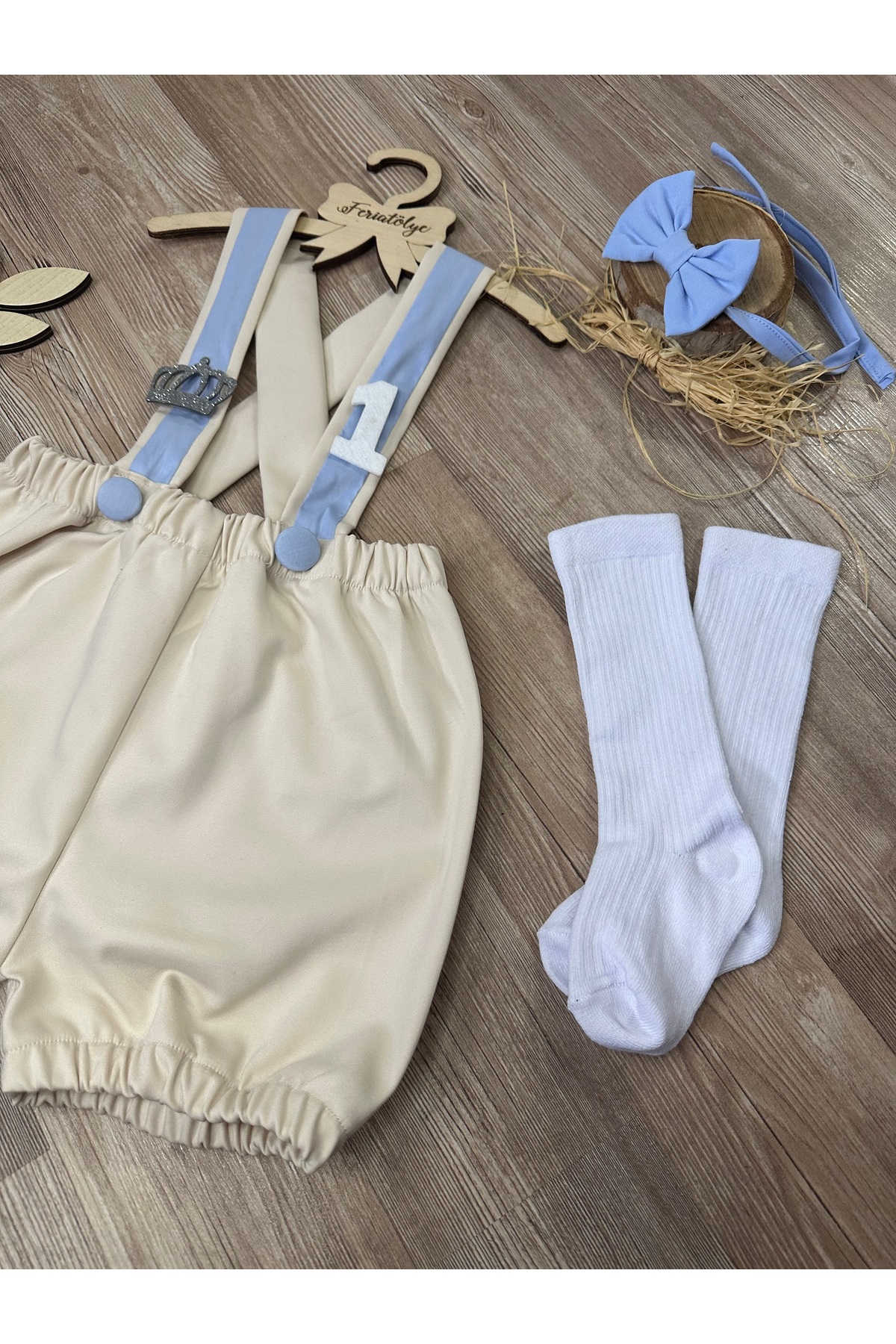King crown concept Cream blue baby boy shorts salopette bow tie socks set