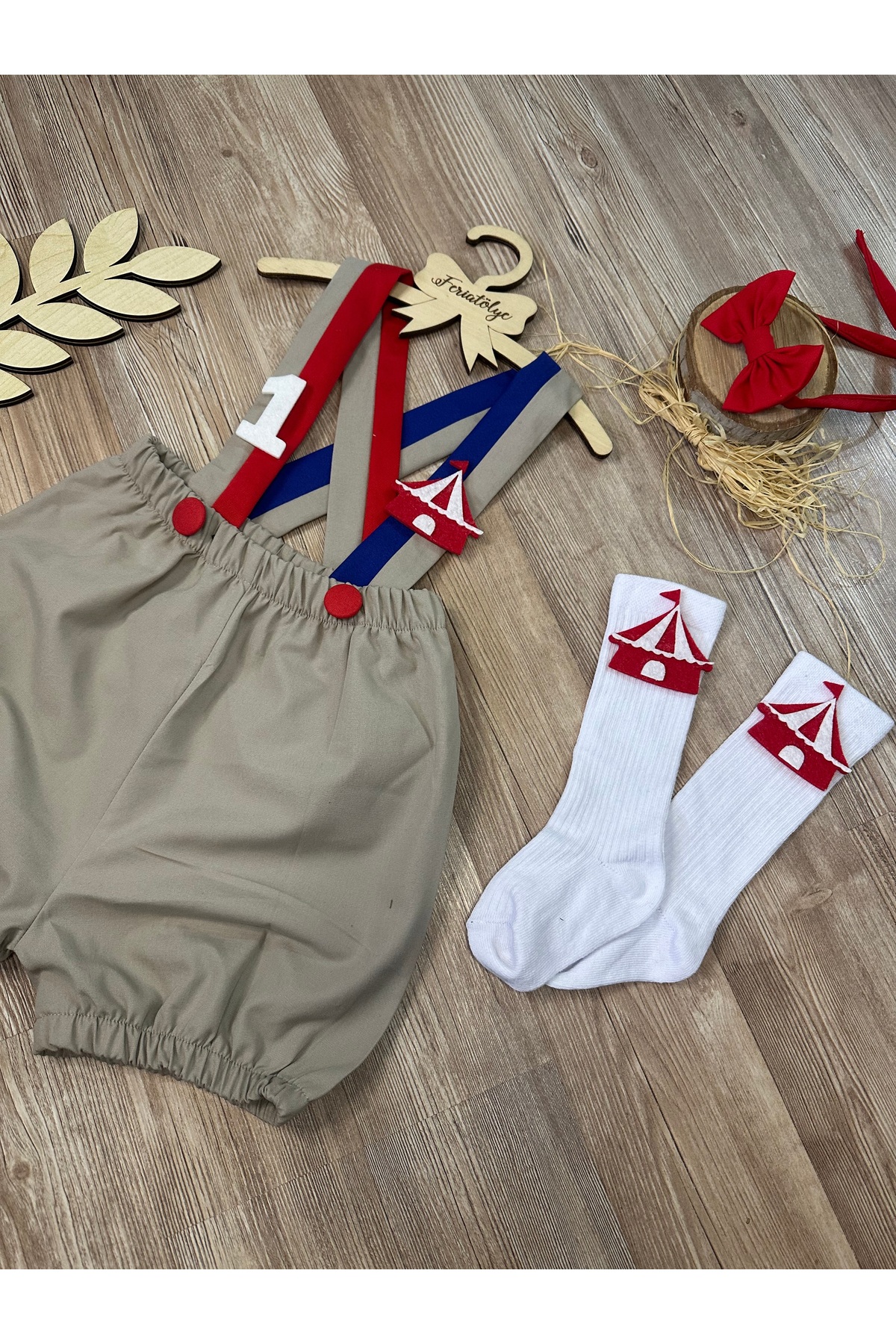 Circus concept beige baby boy salopette bow tie socks set