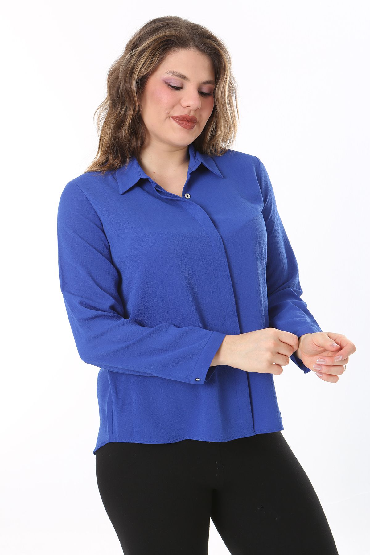 Şans-Plus Size Saks Blouse - Hidden Placket and Front Button Detail 65N38019 1