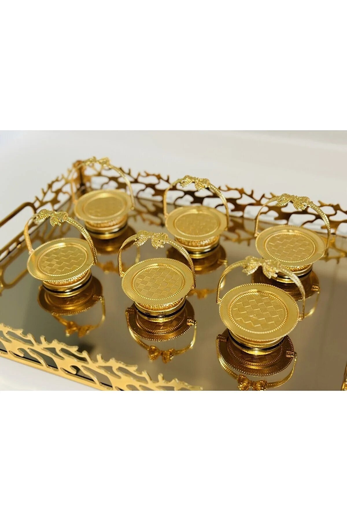 6-Piece Gold Metal Ribbon Turkish Delight Bowl, Sugar Bowl, Coffee Serving, Macaron Holder