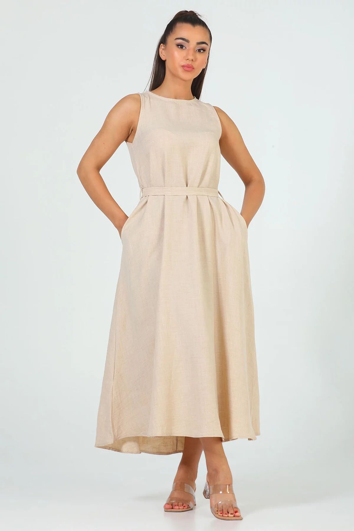 GÜLSELİ-Beige Long Dress - Crew Neck, Pocket Detail and Waist Belt 3