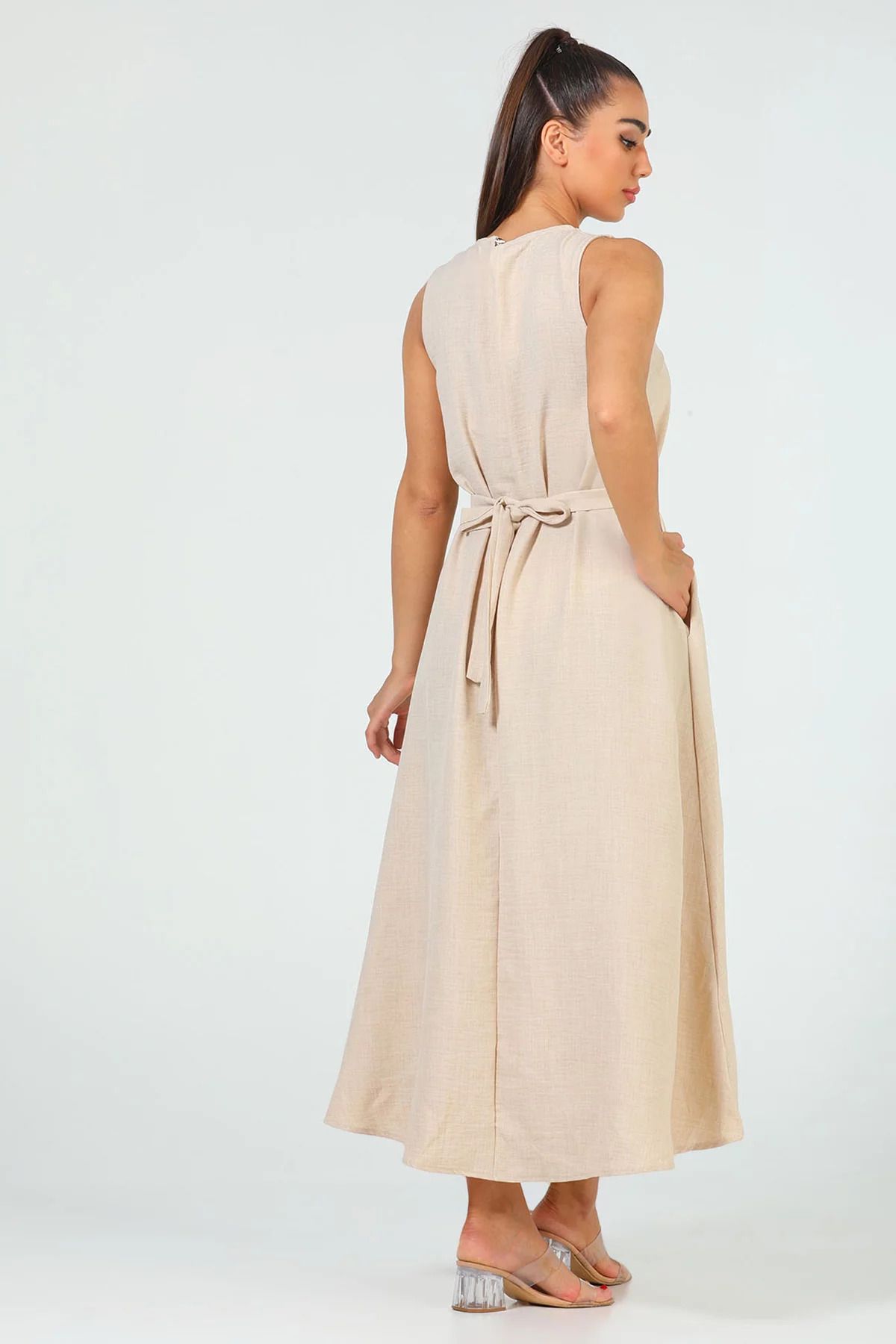 GÜLSELİ-Beige Long Dress - Crew Neck, Pocket Detail and Waist Belt 6