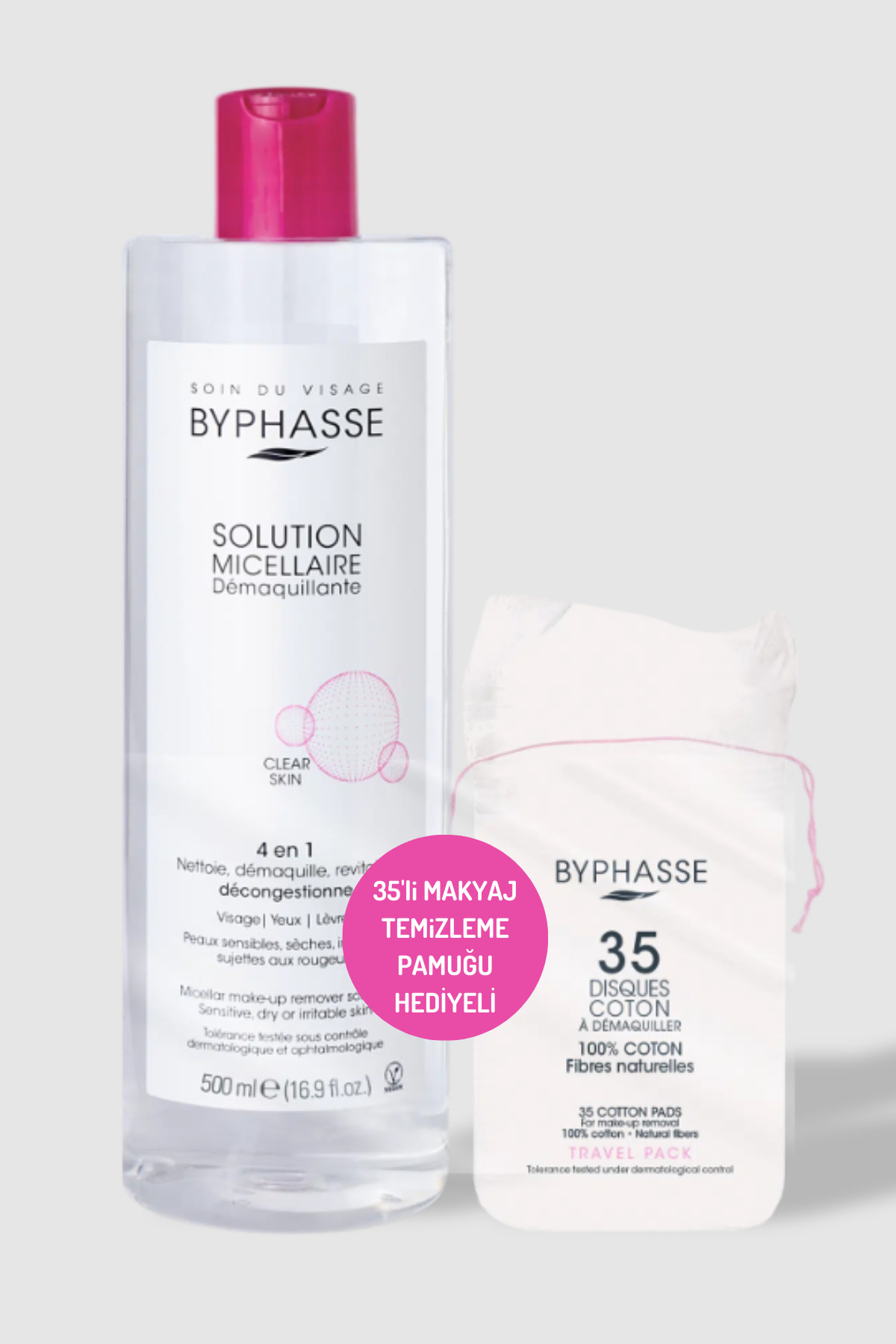BYPHASSE Micellar Yüz ve Makyaj Temizleyici Misel Su + 35 Adet Pamuk 500 ml