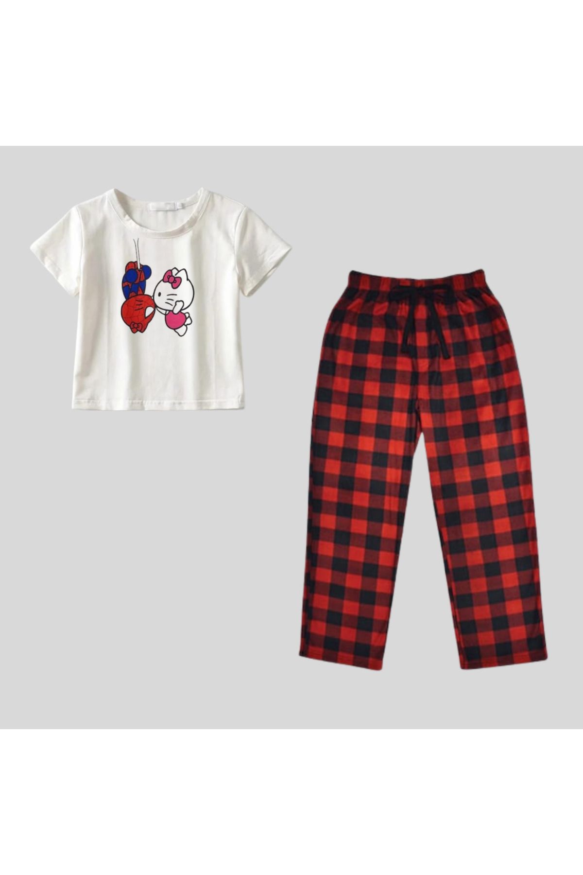 Touz Moda-Black Spider Hello Kitty Printed Unisex Oversize Crop Top and Bottom Set - 2 Pcs 2