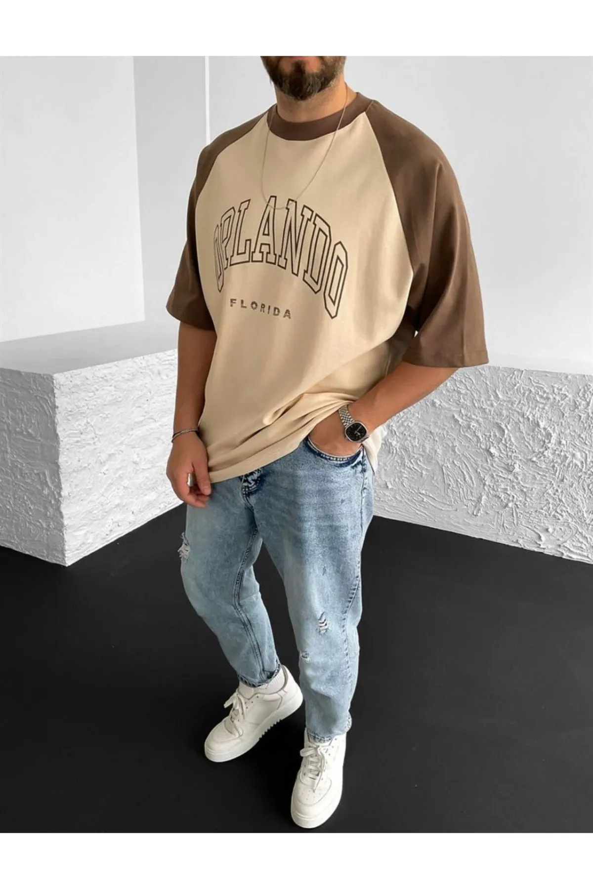 Machetta Büyük Beden Orlando Florida Baskılı Reglan Kol Bej Oversize T-shirt görsel 3