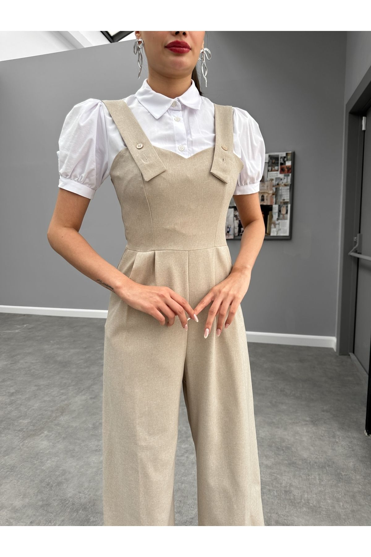 ESRAHELVACI-Beige Front Pleated Salopet Jumpsuit 3