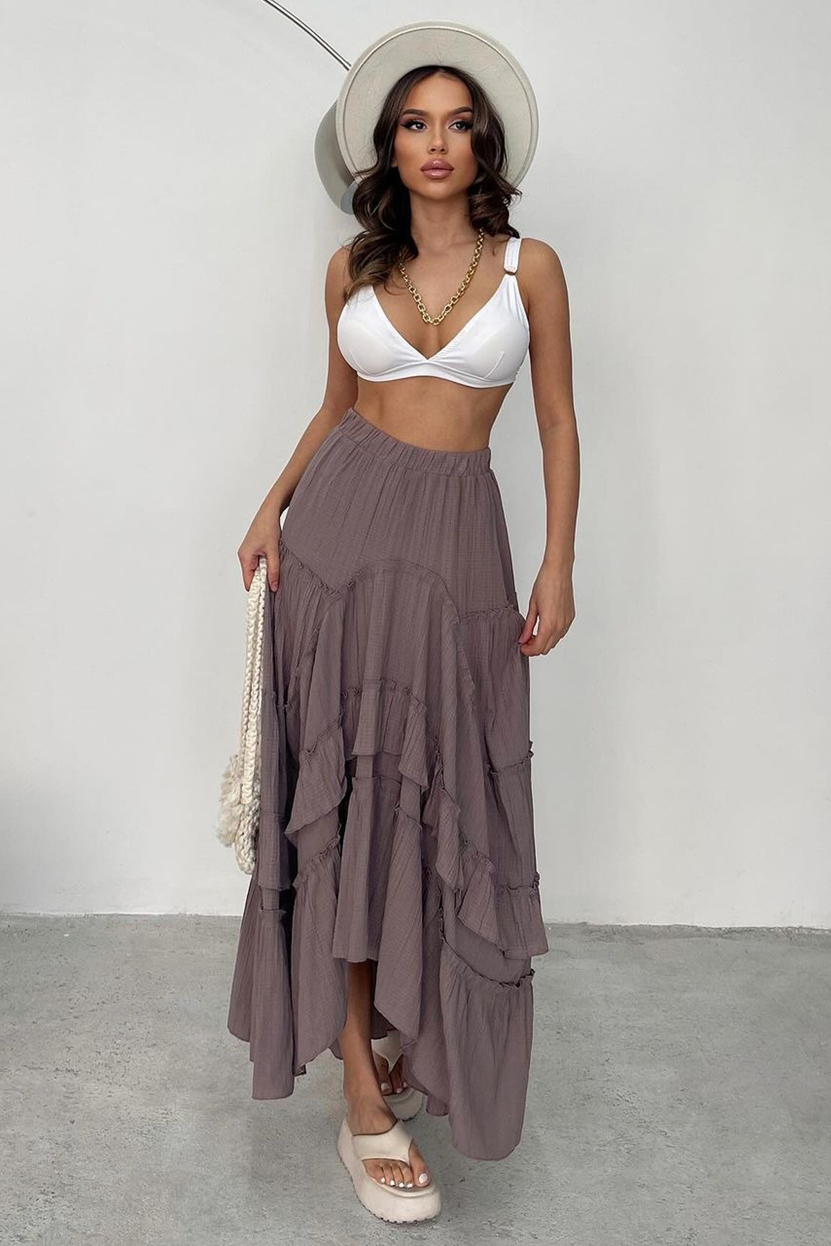 Ortaya Çık  Mürdüm Asimetrik Gofre Kumaş Beli Lastikli Etek - Görsel 4