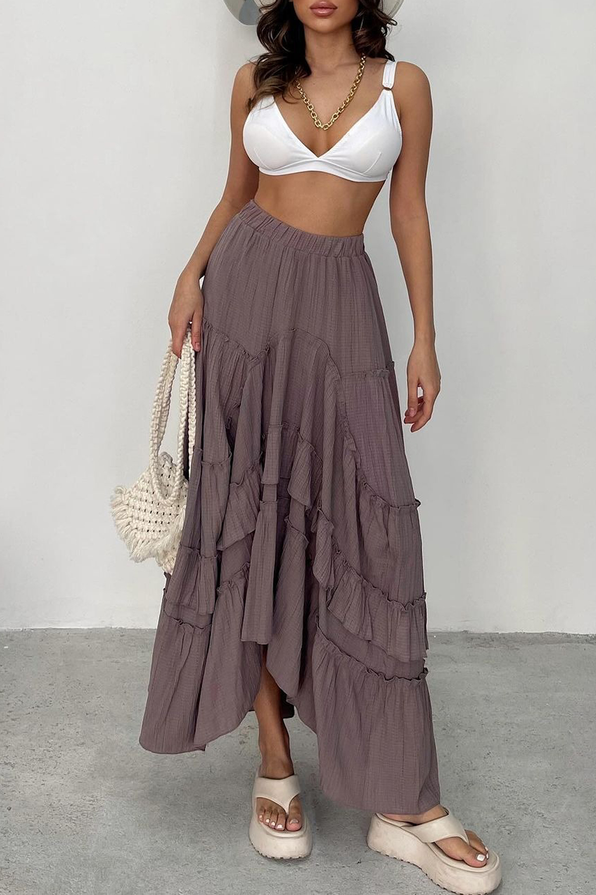 Ortaya Çık  Mürdüm Asimetrik Gofre Kumaş Beli Lastikli Etek - Görsel 2