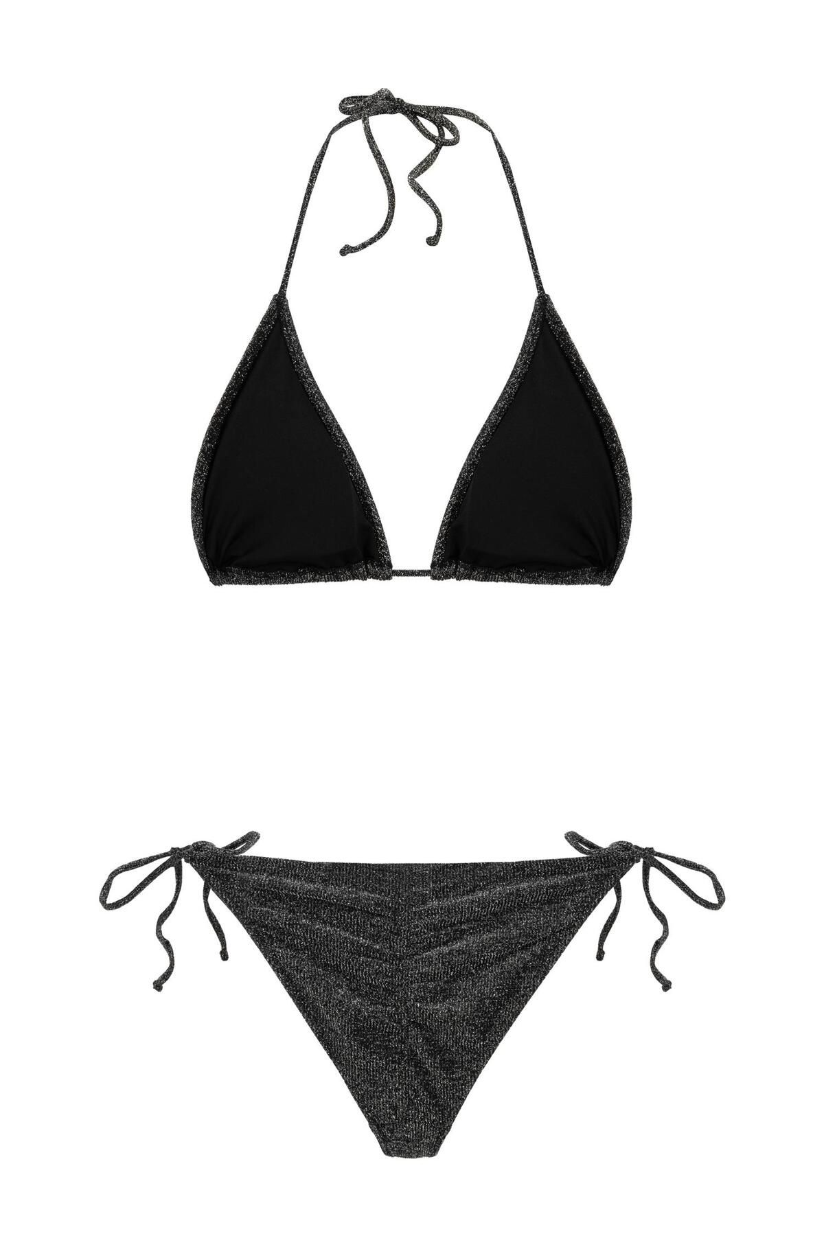 AQUELLA-Triangle Bikini Set - Black Lurex Gathered 2