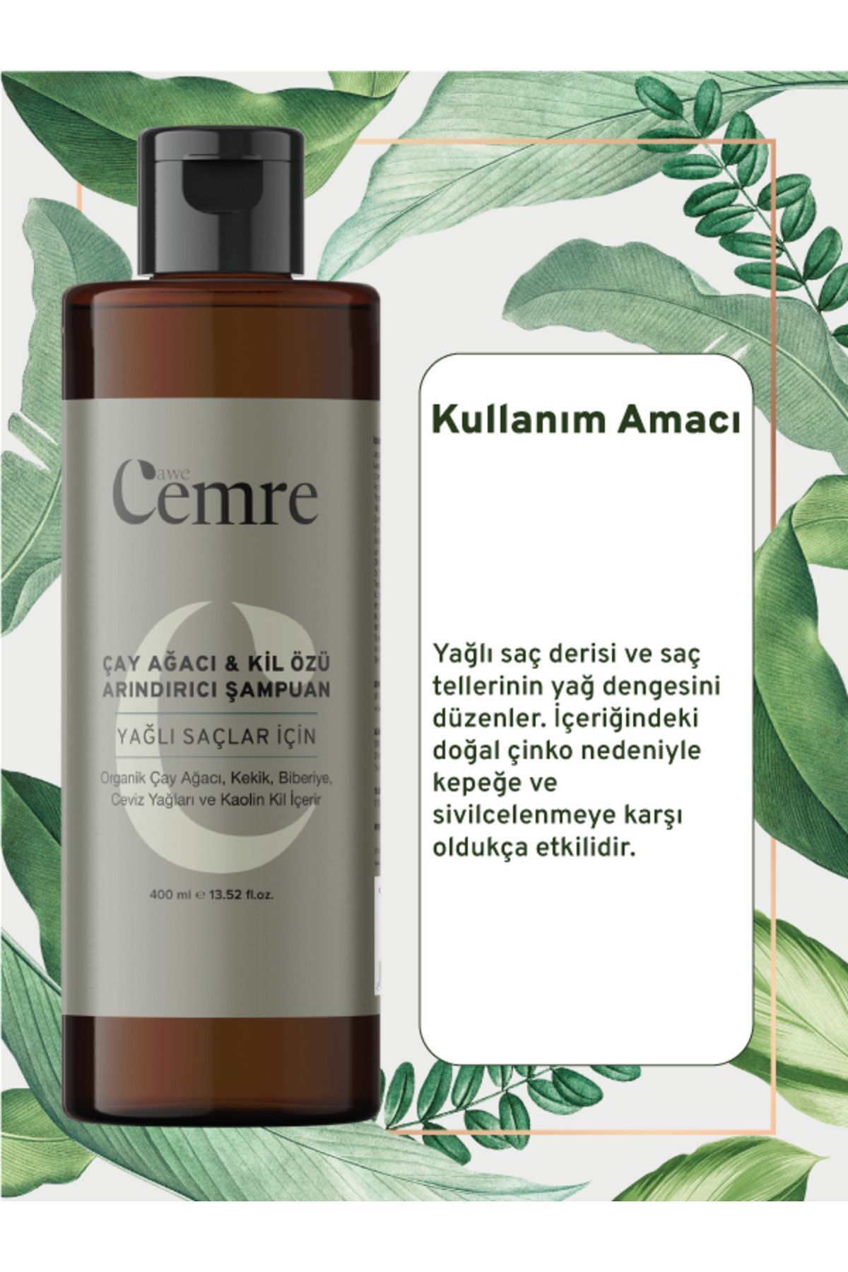 Awe Cemre-Natural Herbal Shampoo - Tea Tree Clay Extract, 400 ml, Purifying and Sebum Balancing 2