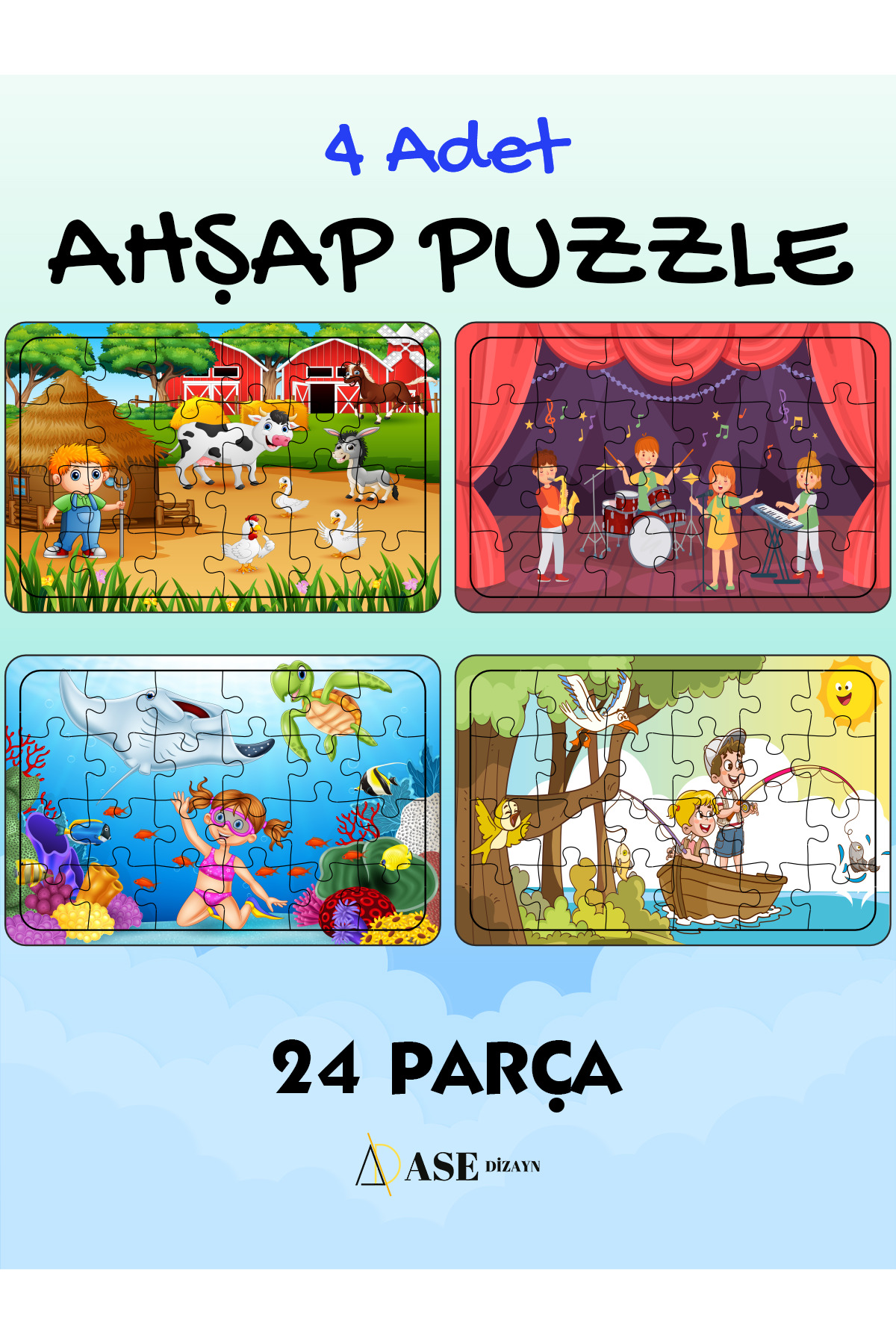 ASE DİZAYN Ahşap 24 Parça Çocuk Puzzle 4 Adet