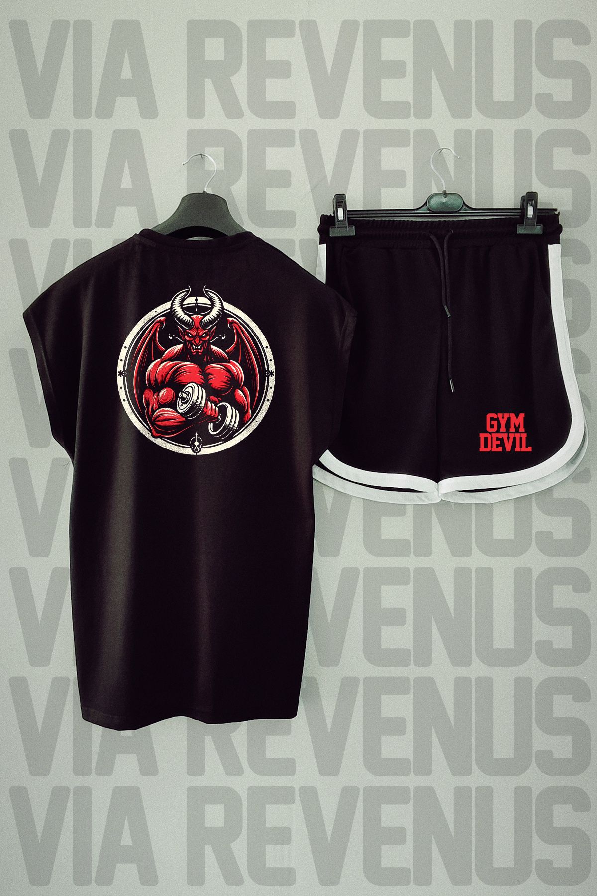 Vordevia Set Sport Negru Cu Tricou Și Pantaloni Scurți Cu Imprimeu Gym Devil - Zero Sleeves Masculin - XL