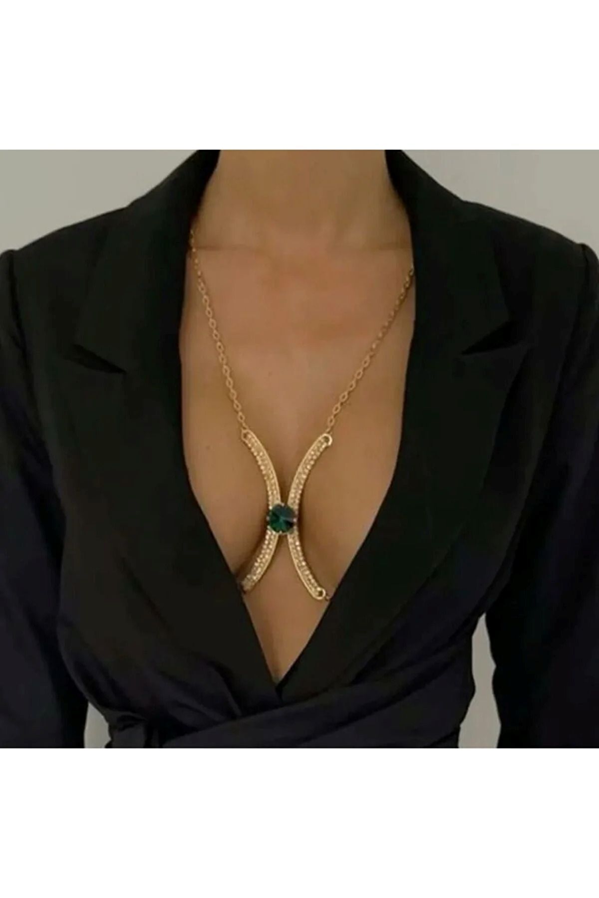 Estilo Lingerie Kristal Yeşil Taşlı Vücut Aksesuarı Göğüs Bikini Sütyen Takısı Dekolte Zinciri Altın Kaplama