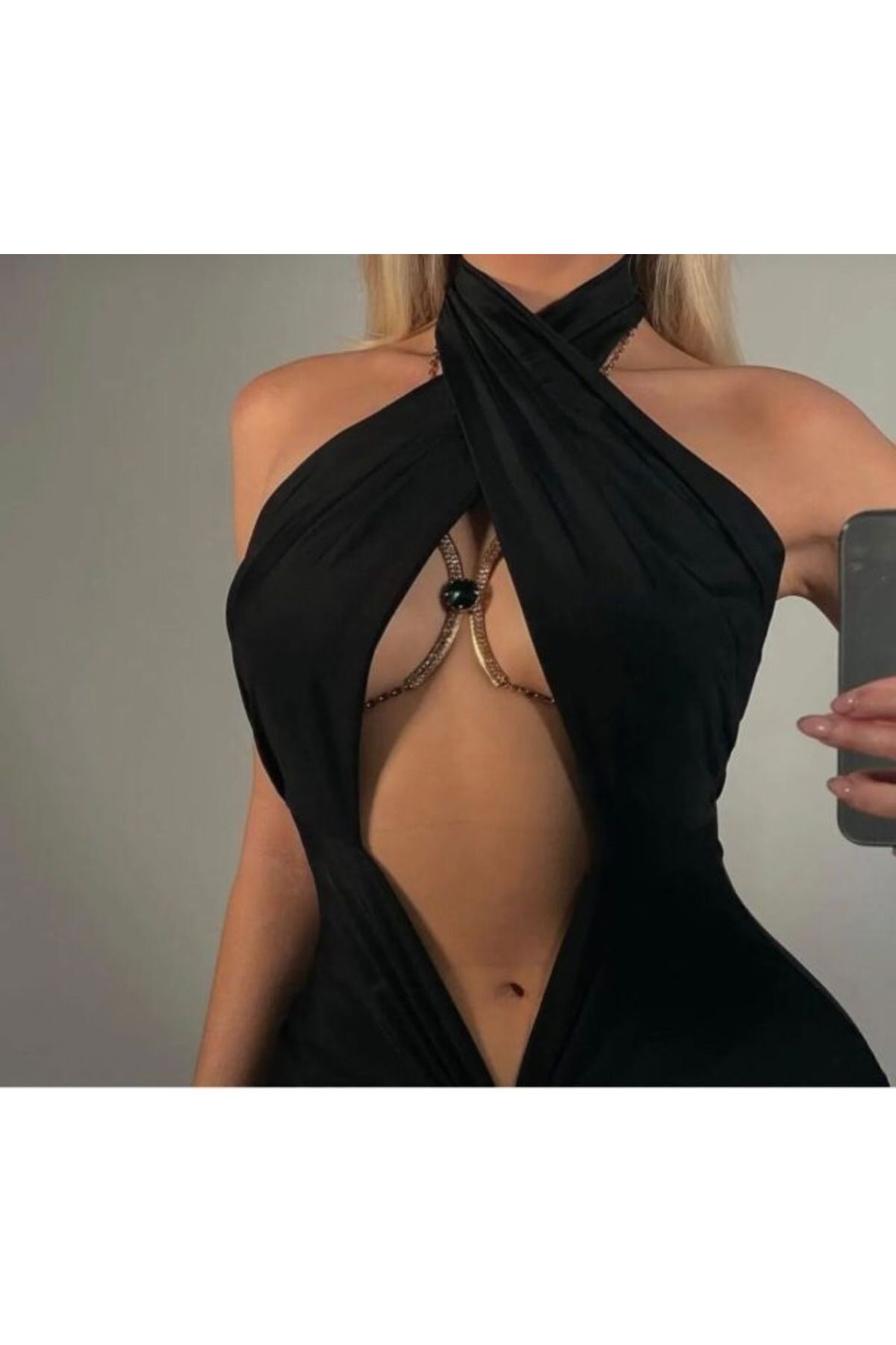 Kristal Yeşil Taşlı Vücut Aksesuarı Göğüs Bikini Sütyen Takısı Dekolte Zinciri Altın Kaplama