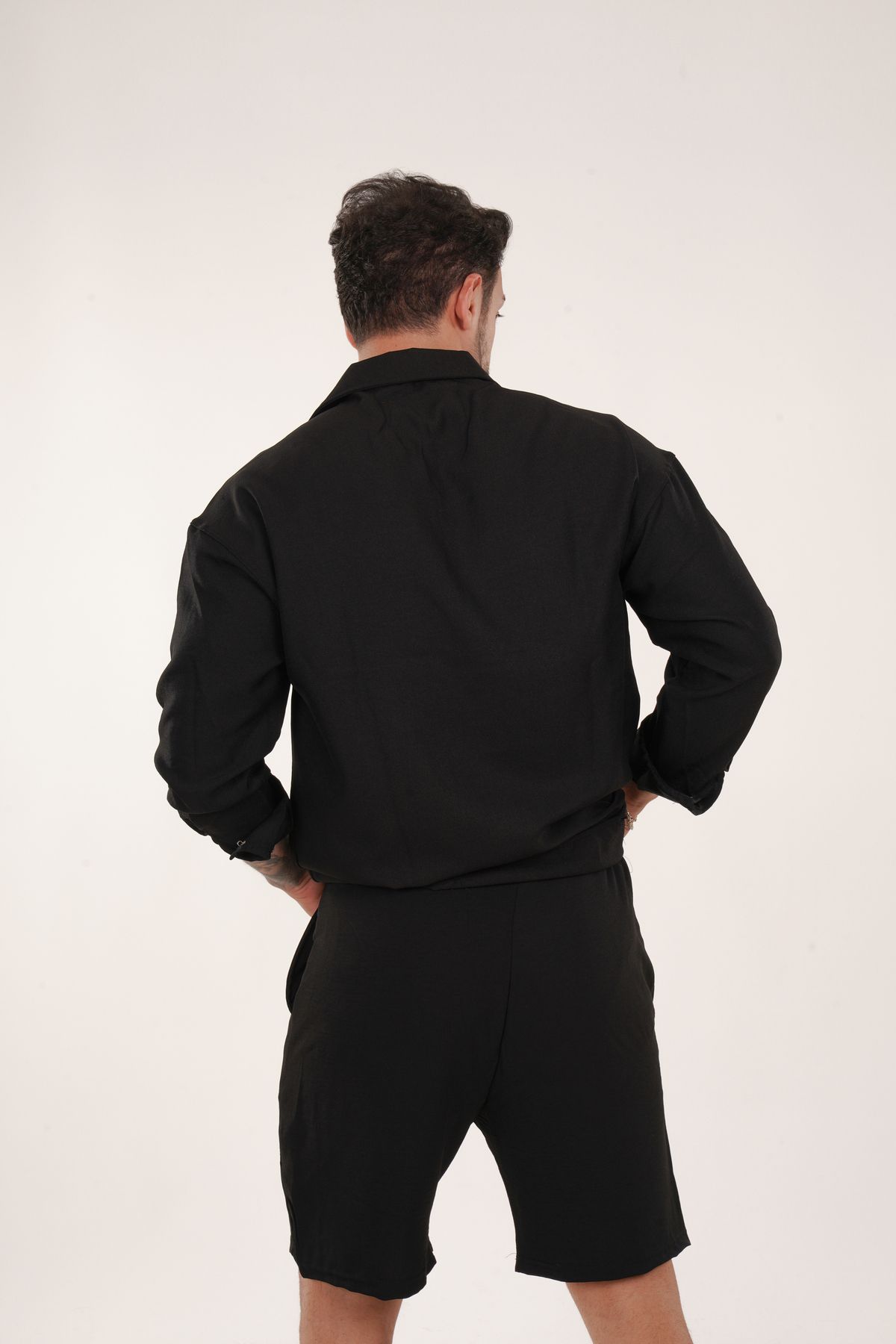 SCSARVİN-Black Linen Shorts Set - Bottom and Top Set TK 4