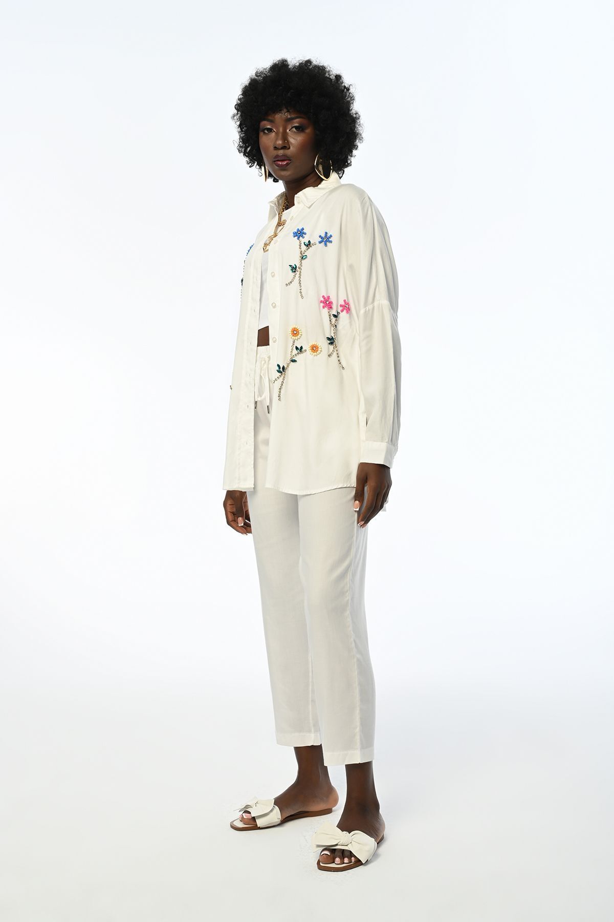 Orfeo Negro-WOMEN'S FLOWER STONE EMBROIDERED OVERSIZE SHIRT 3