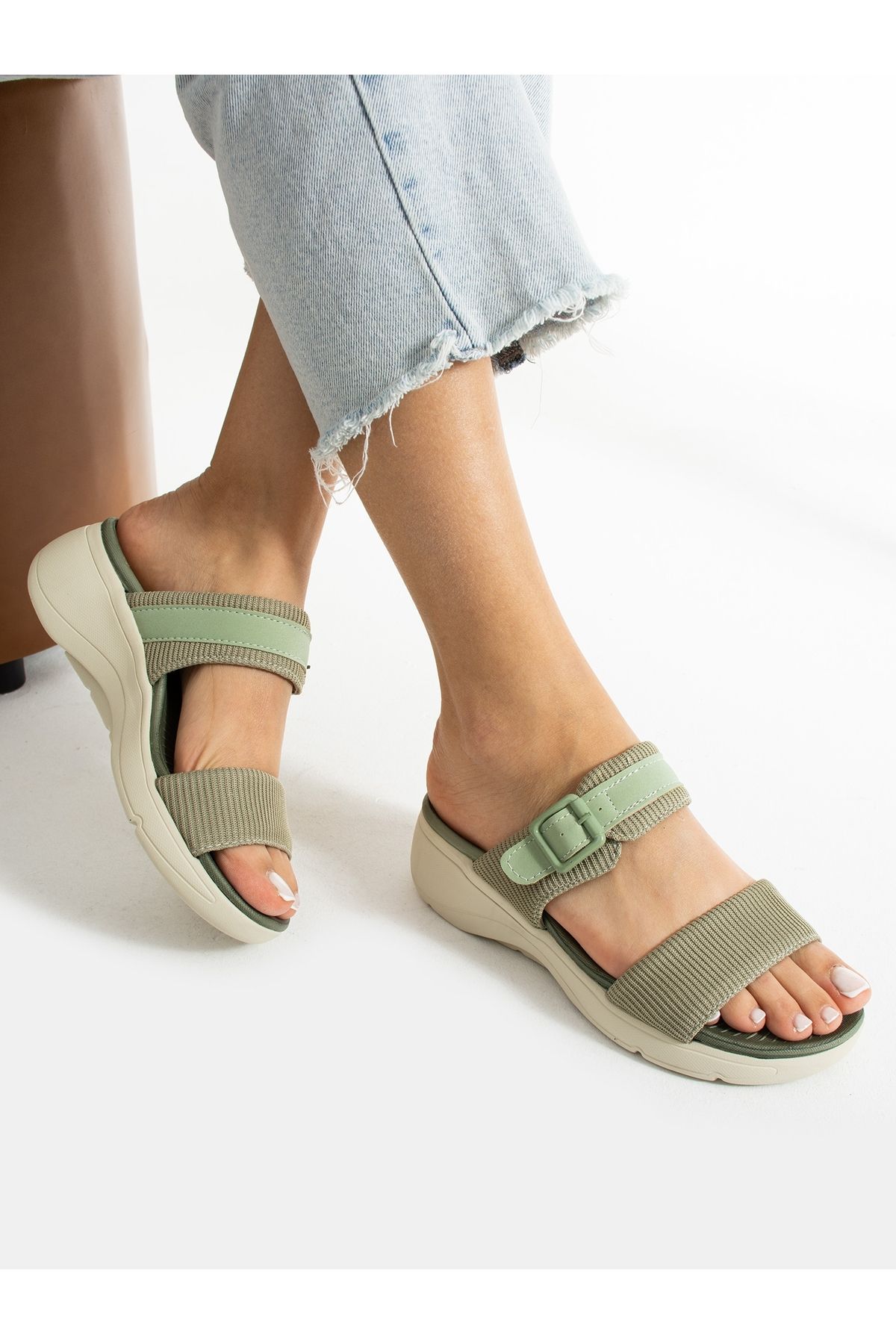 Alemdar Shoes-Green Knitwear Women's Slippers - QUİN 1