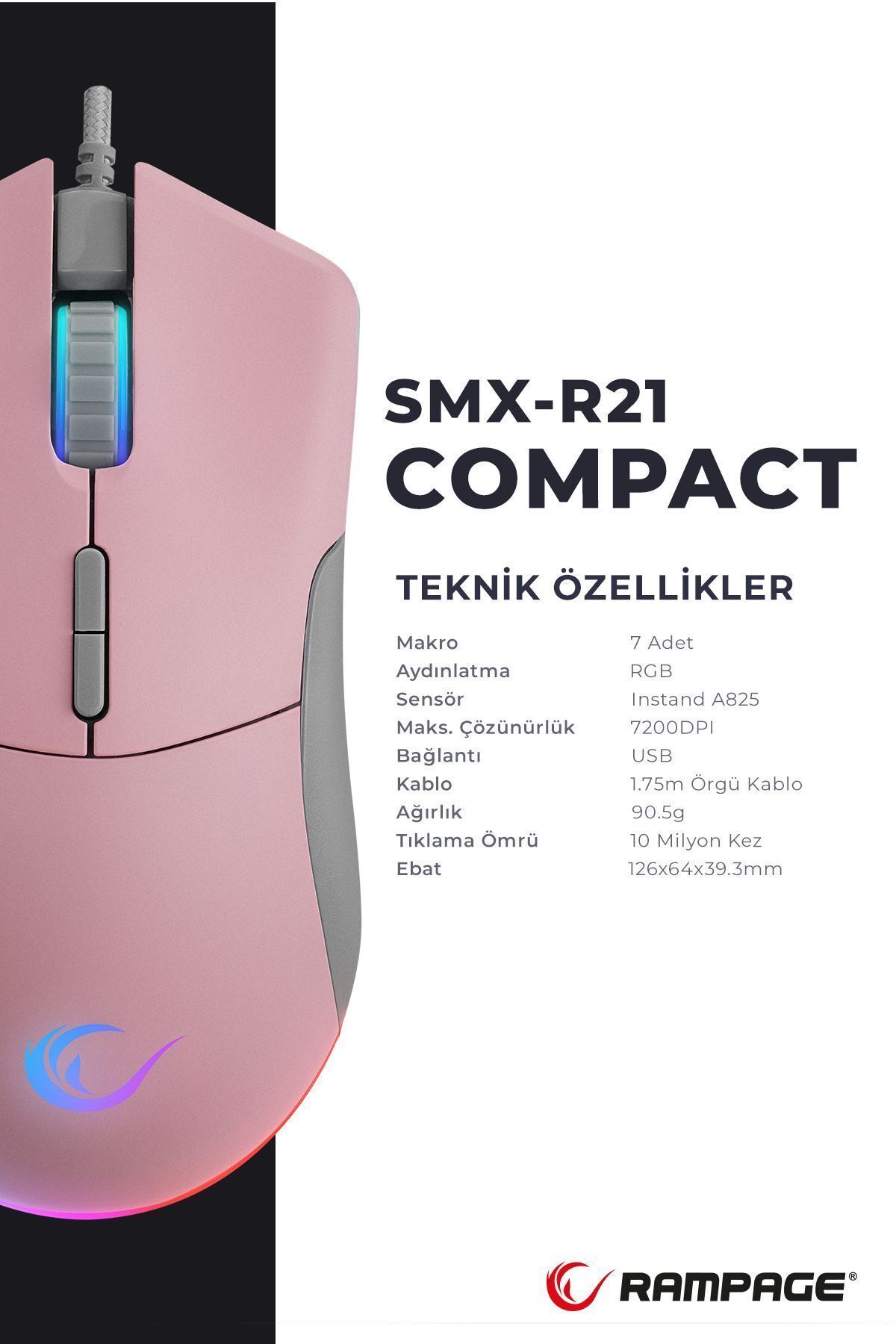 Rampage-Smx-R21 Compact USB Pink Rgb Led Macrolu 12800Dpi / 1000Hz Drag Click Gaming Player Mouse 6