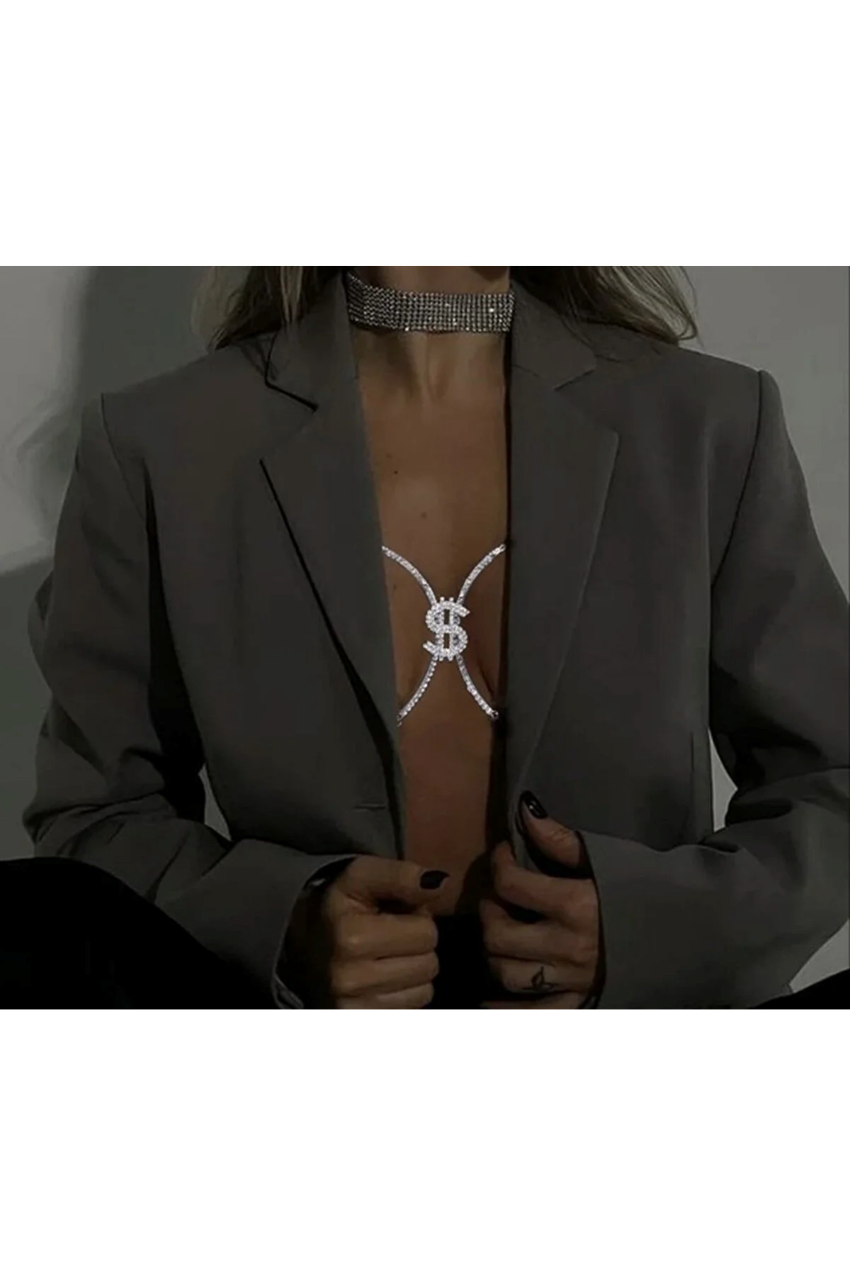 Silver Kristal Taşlı Dolar Vücut Aksesuarı Göğüs Bikini Takısı Sütyen Takısı Dekolte Takısı