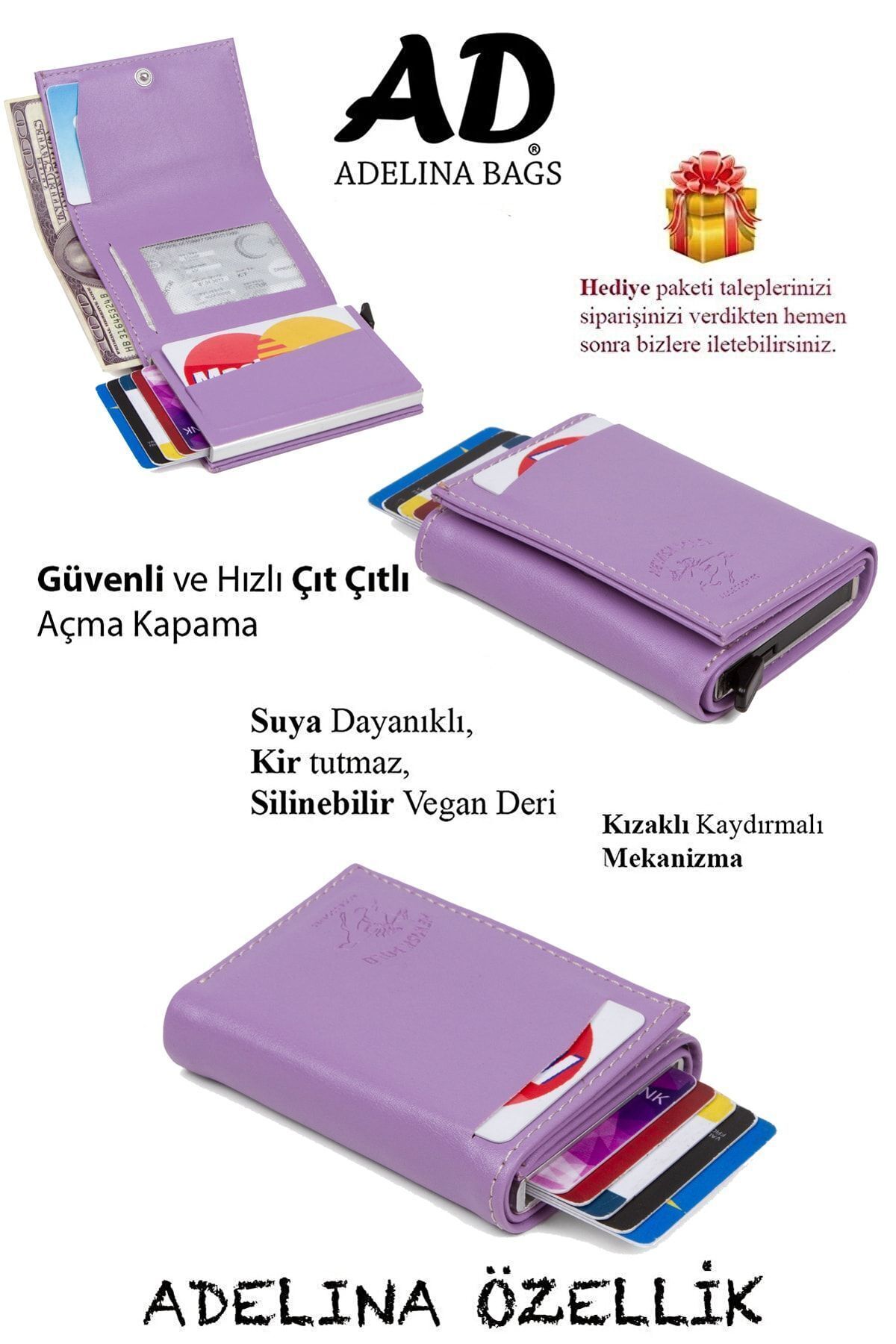 Newish Adelina Lila Nova Deri Mekanizmalı Otomatik Kızaklı Kartlık Cüzdan görsel 2