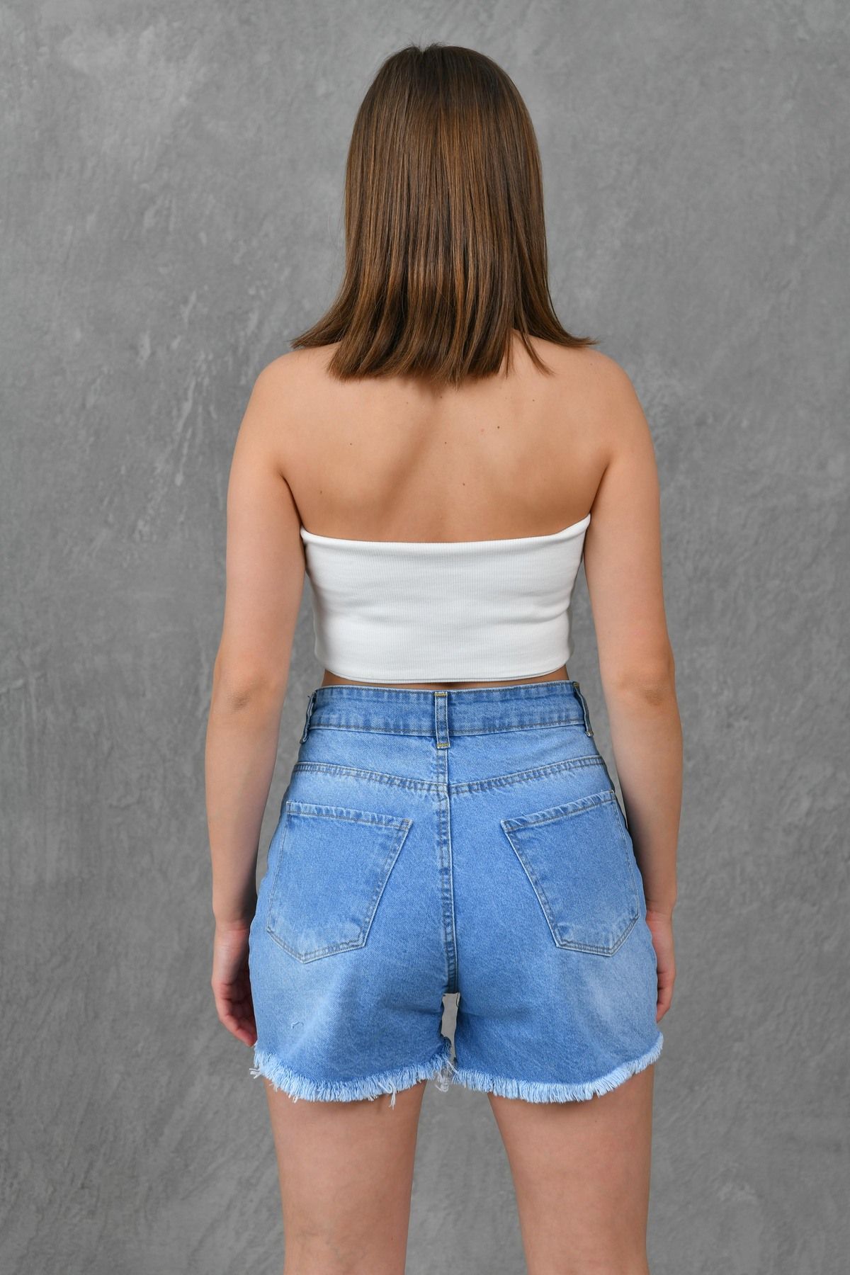 vuvutasarım-Ripped Blue Denim Shorts mit hoher Taille ohne Lycra Ripped Blue Denim Shorts 70344 6