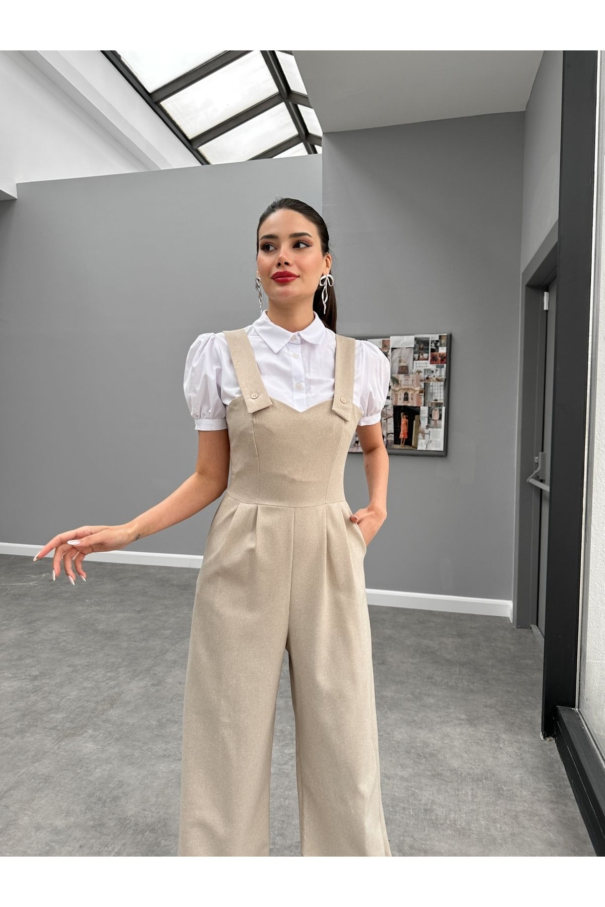 ESRAHELVACI-Beige Front Pleated Salopet Jumpsuit 2