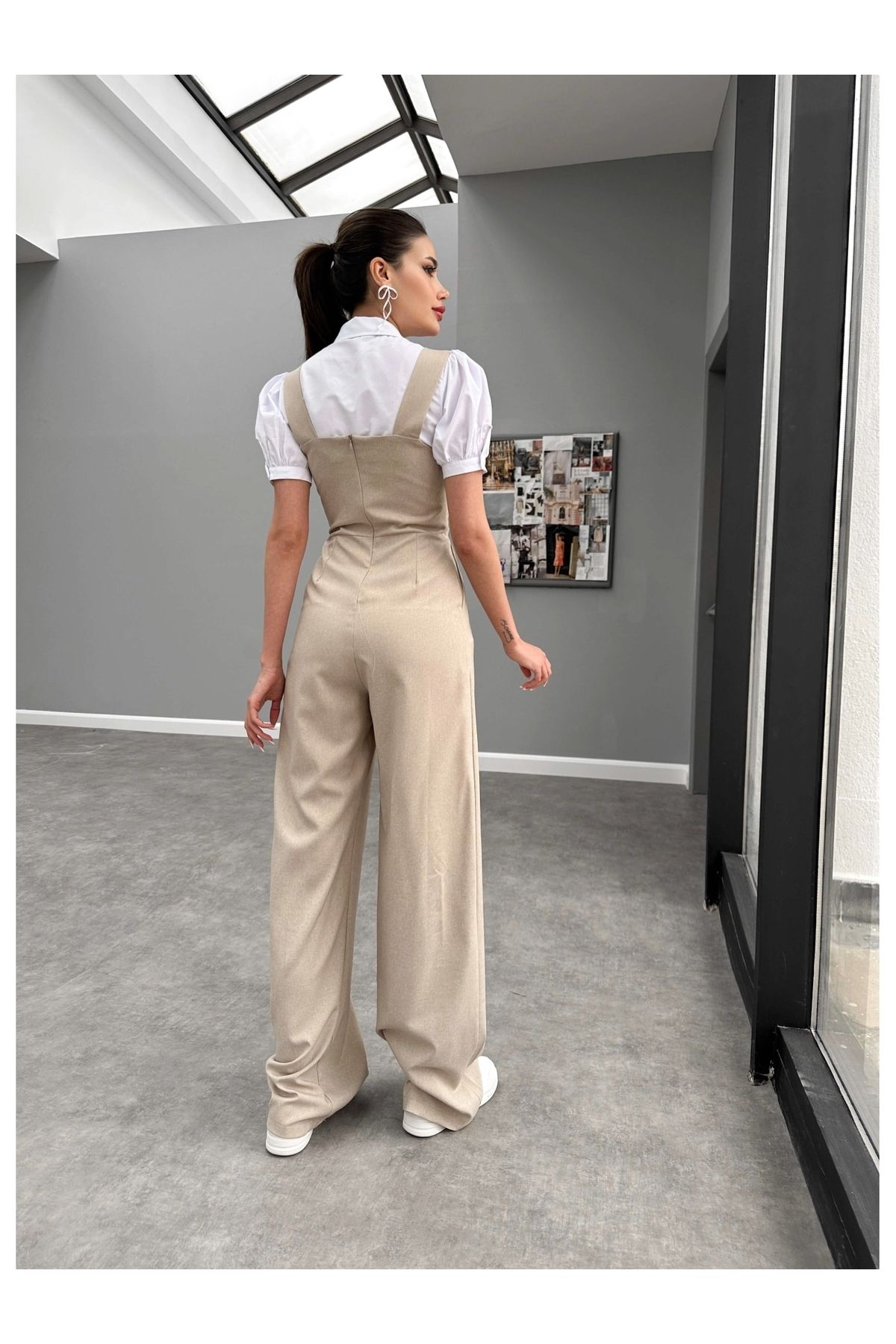 ESRAHELVACI-Beige Front Pleated Salopet Jumpsuit 5