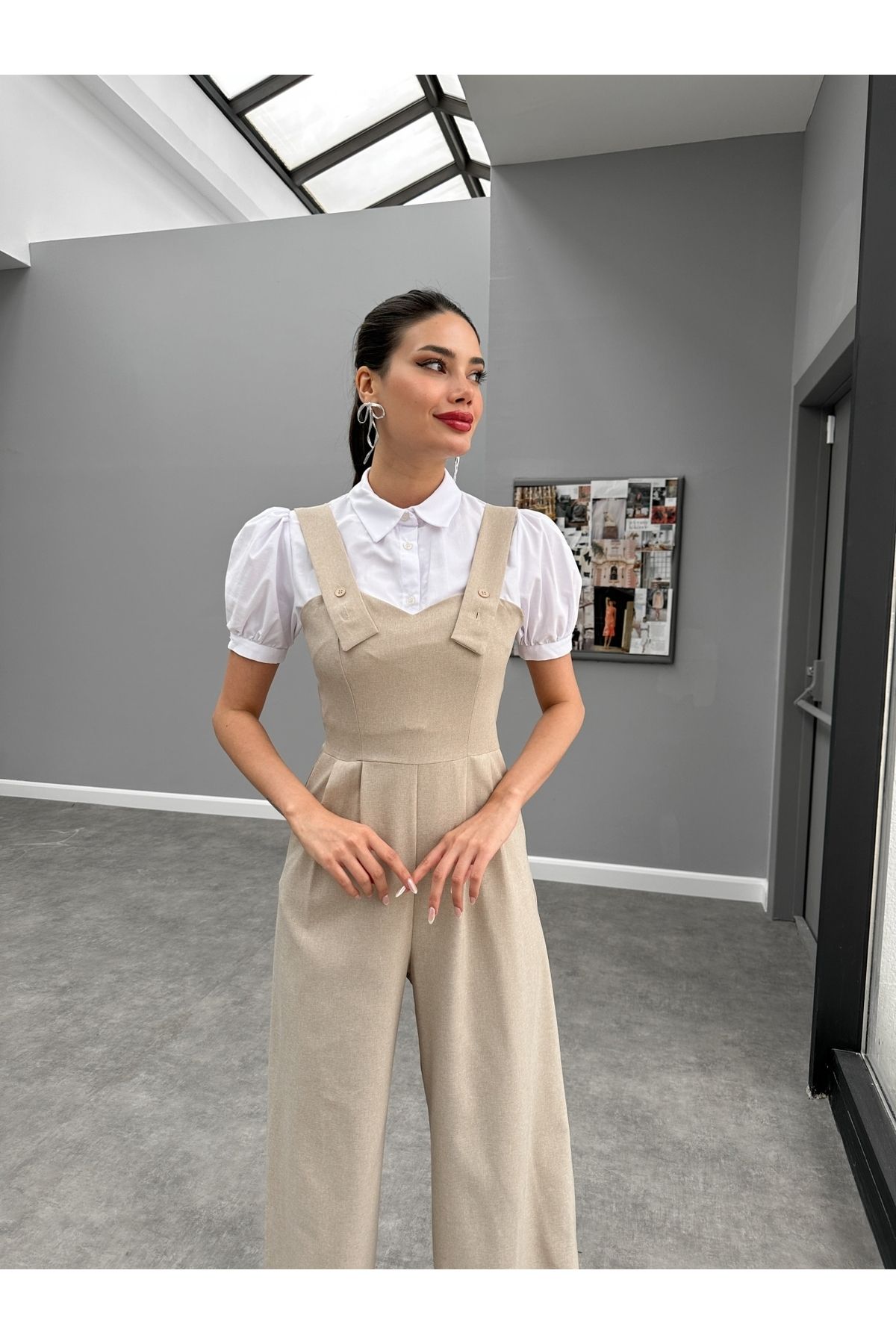 ESRAHELVACI-Beige Front Pleated Salopet Jumpsuit 4